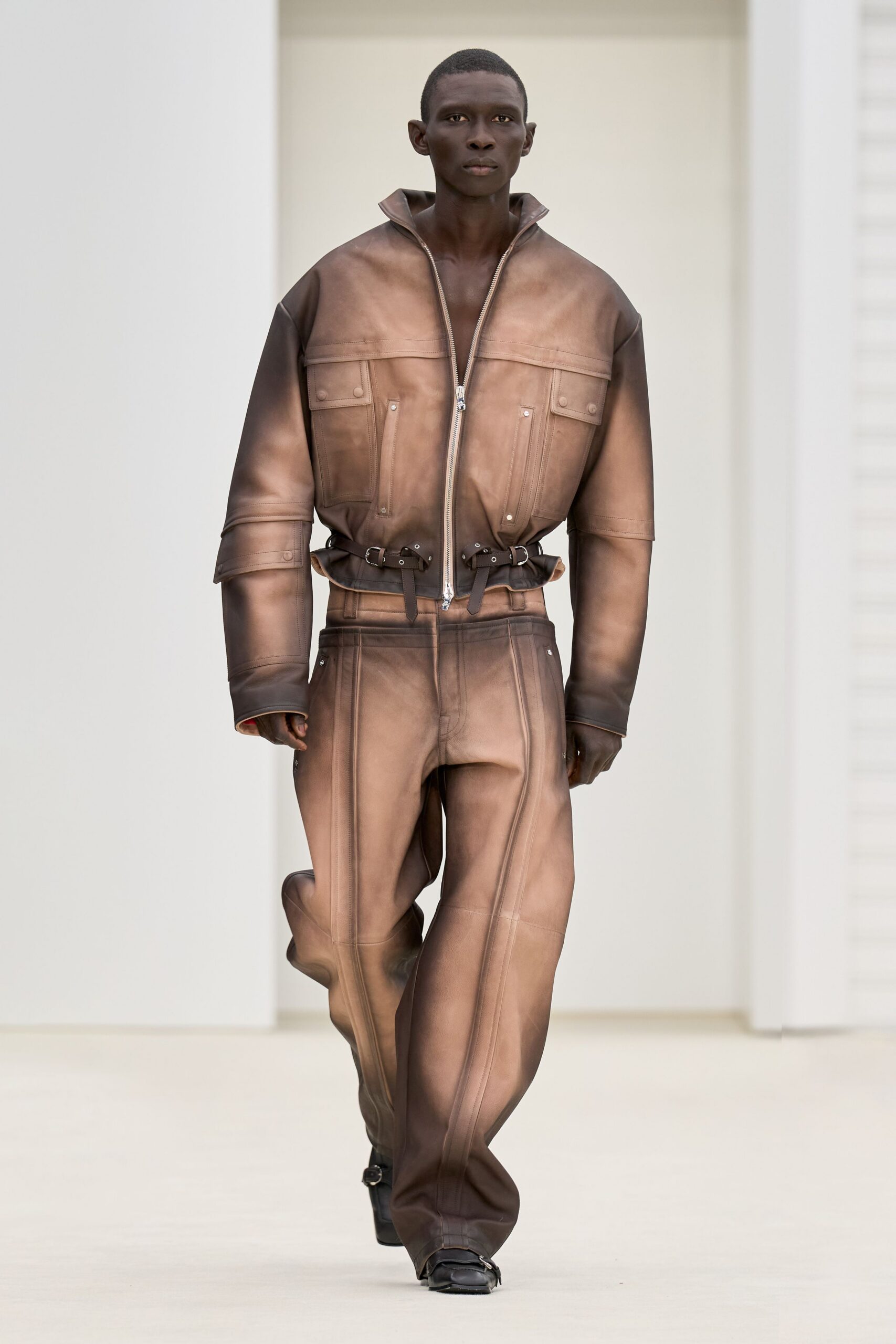 brown leather long-sleeve collared fitted zippered buttoned jacket