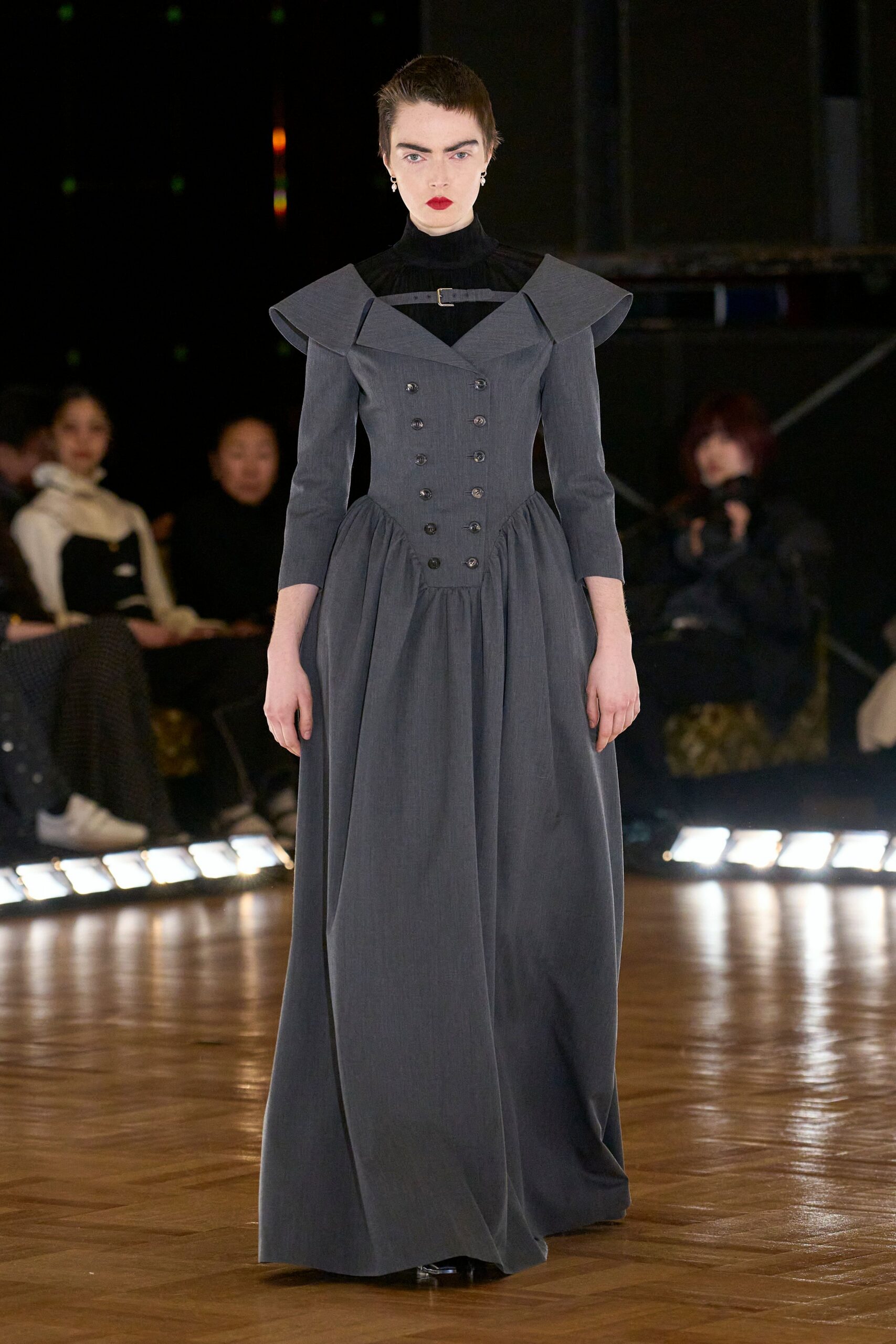 gray fitted long-sleeve gown