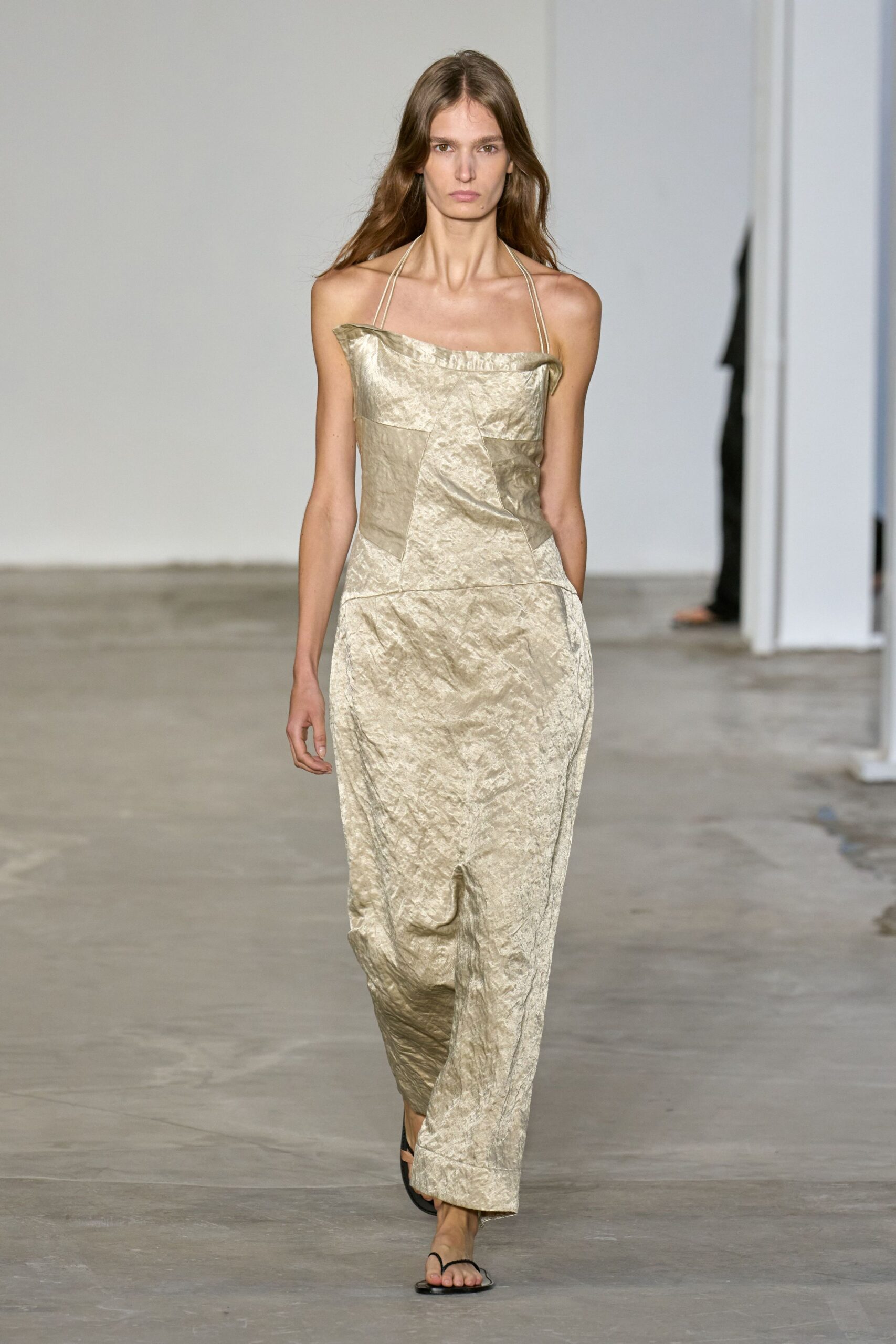 gold silk sleeveless strapless fitted draped shiny dress
