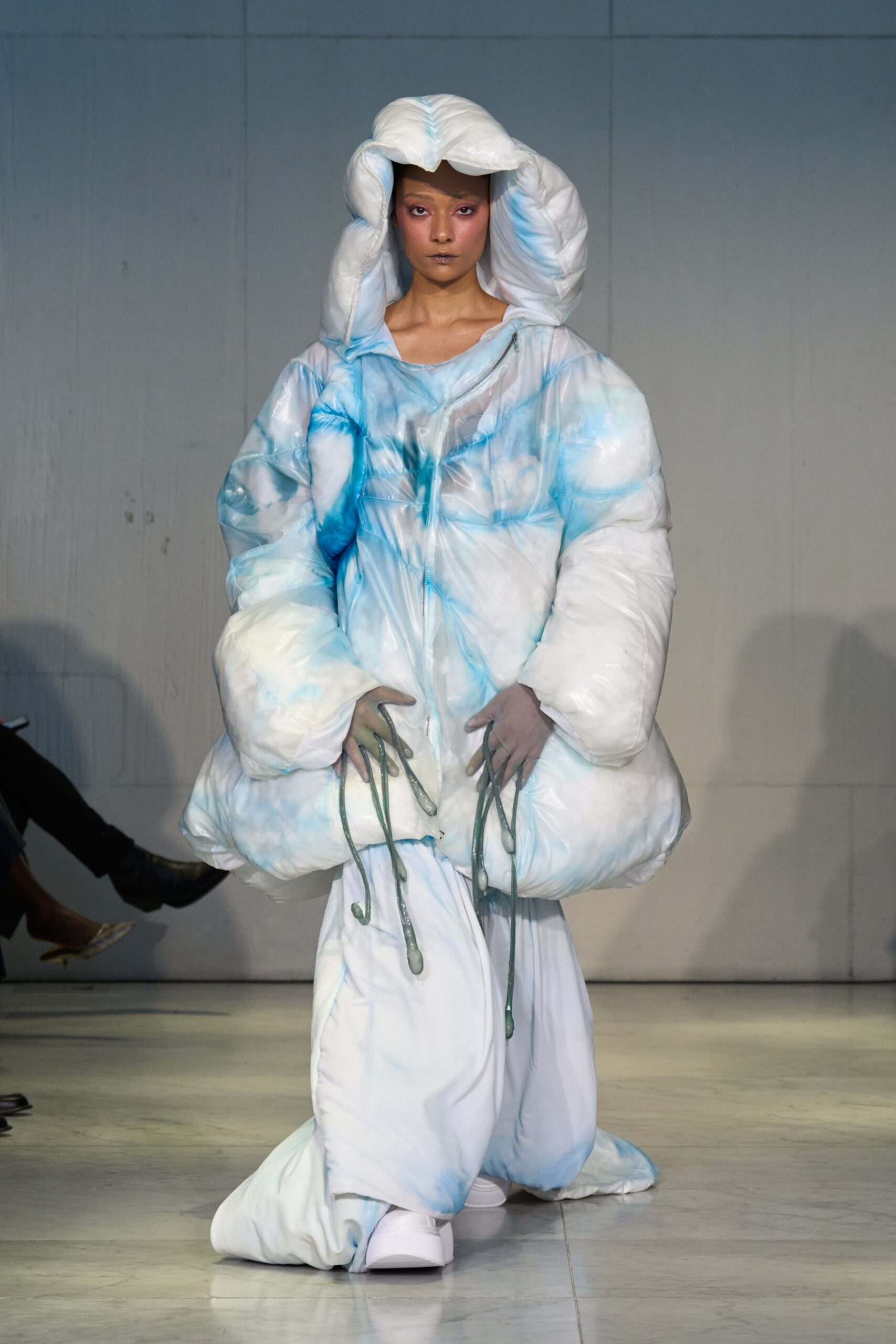 oversized blue and white coat