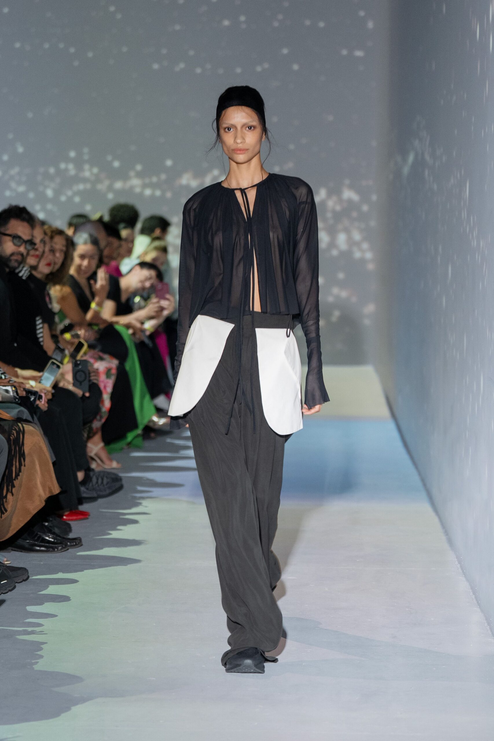 black silk long-sleeve v-neck fitted sheer top