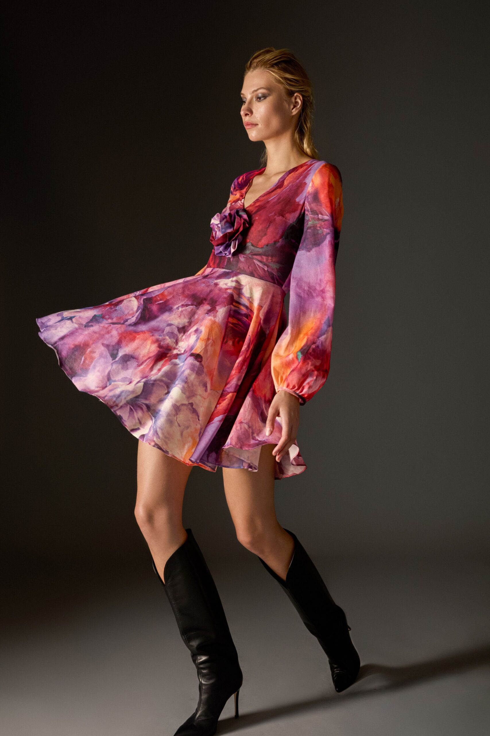 purple silk long-sleeve v-neck fitted flared ruffled dress