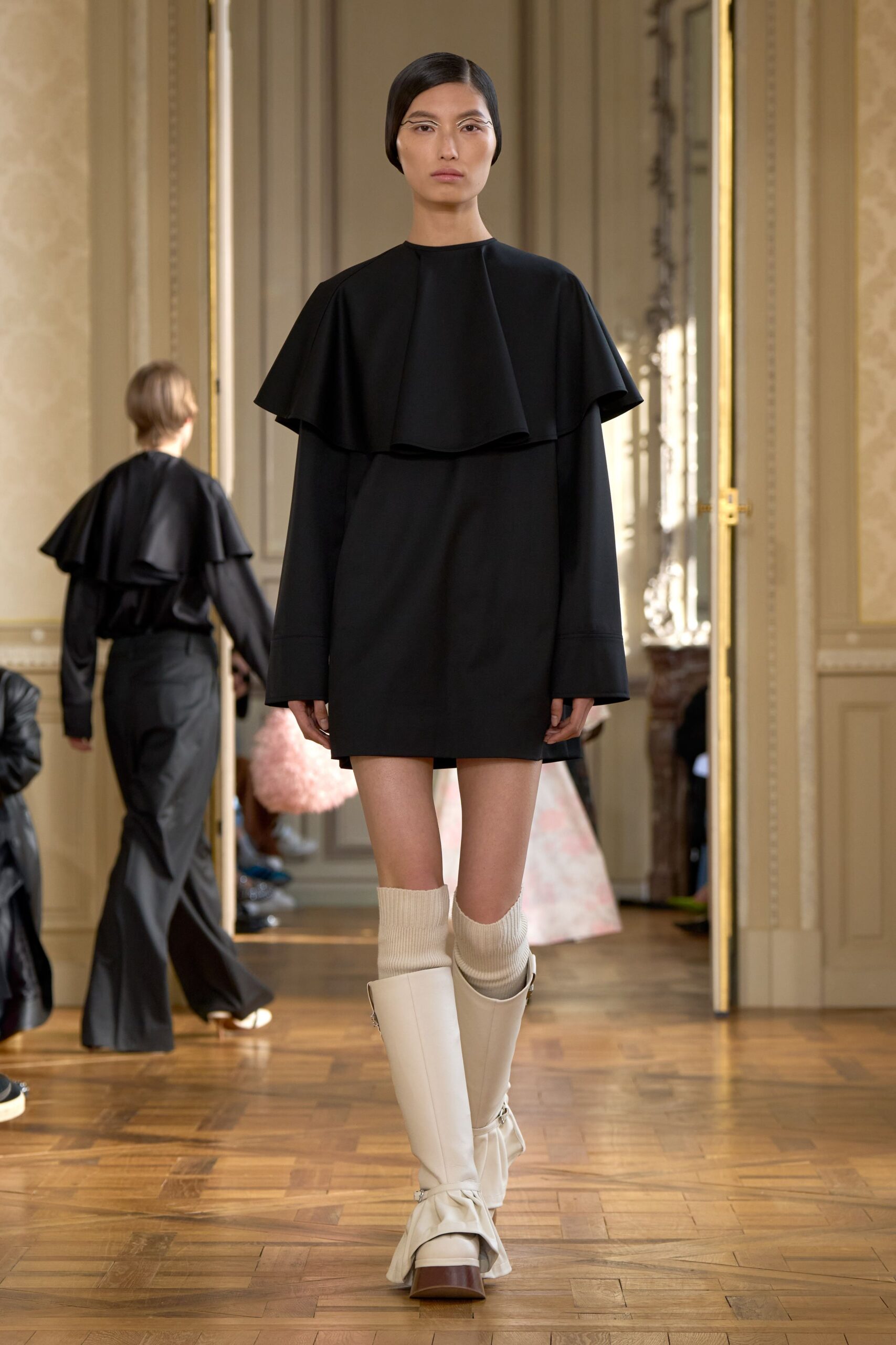 black mini dress with layered collar
