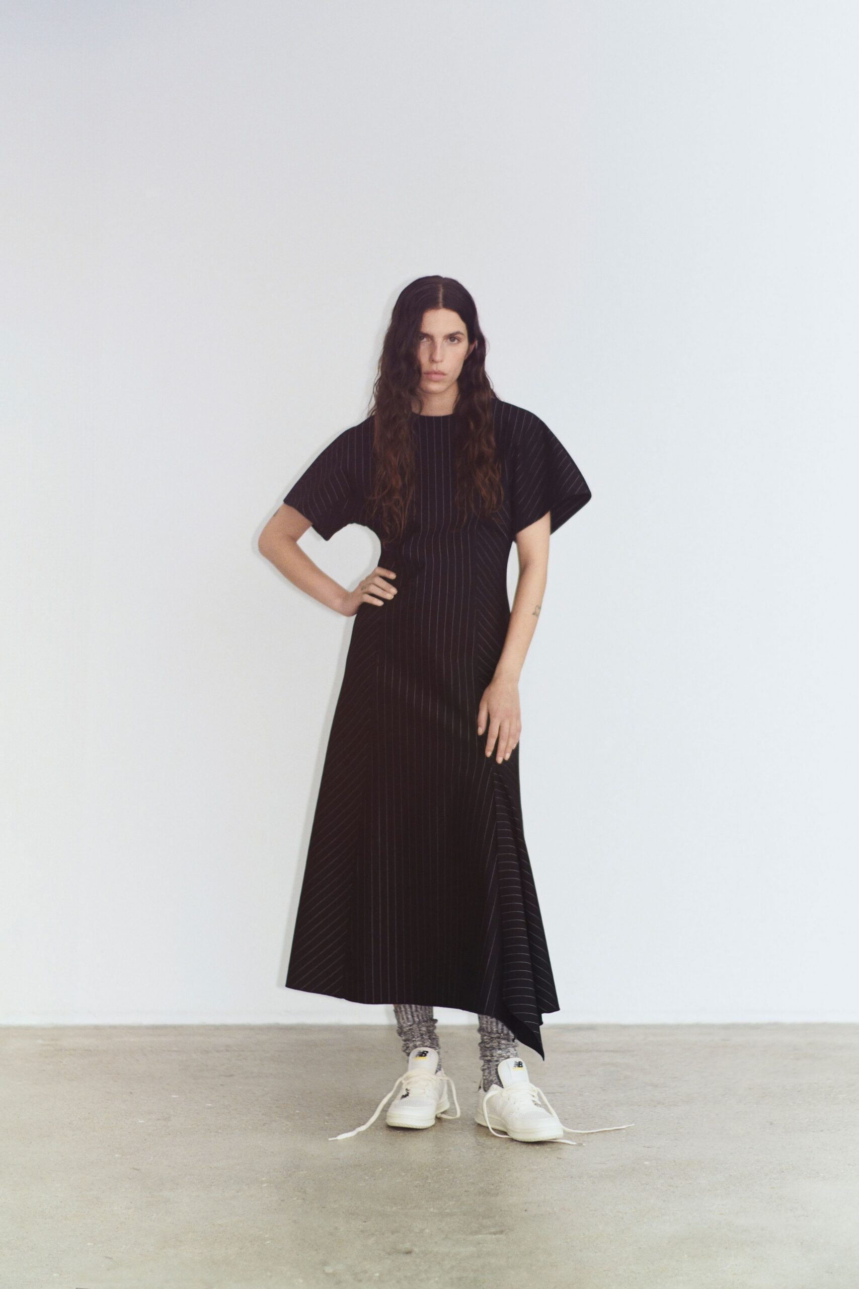 black striped midi dress with white shoes