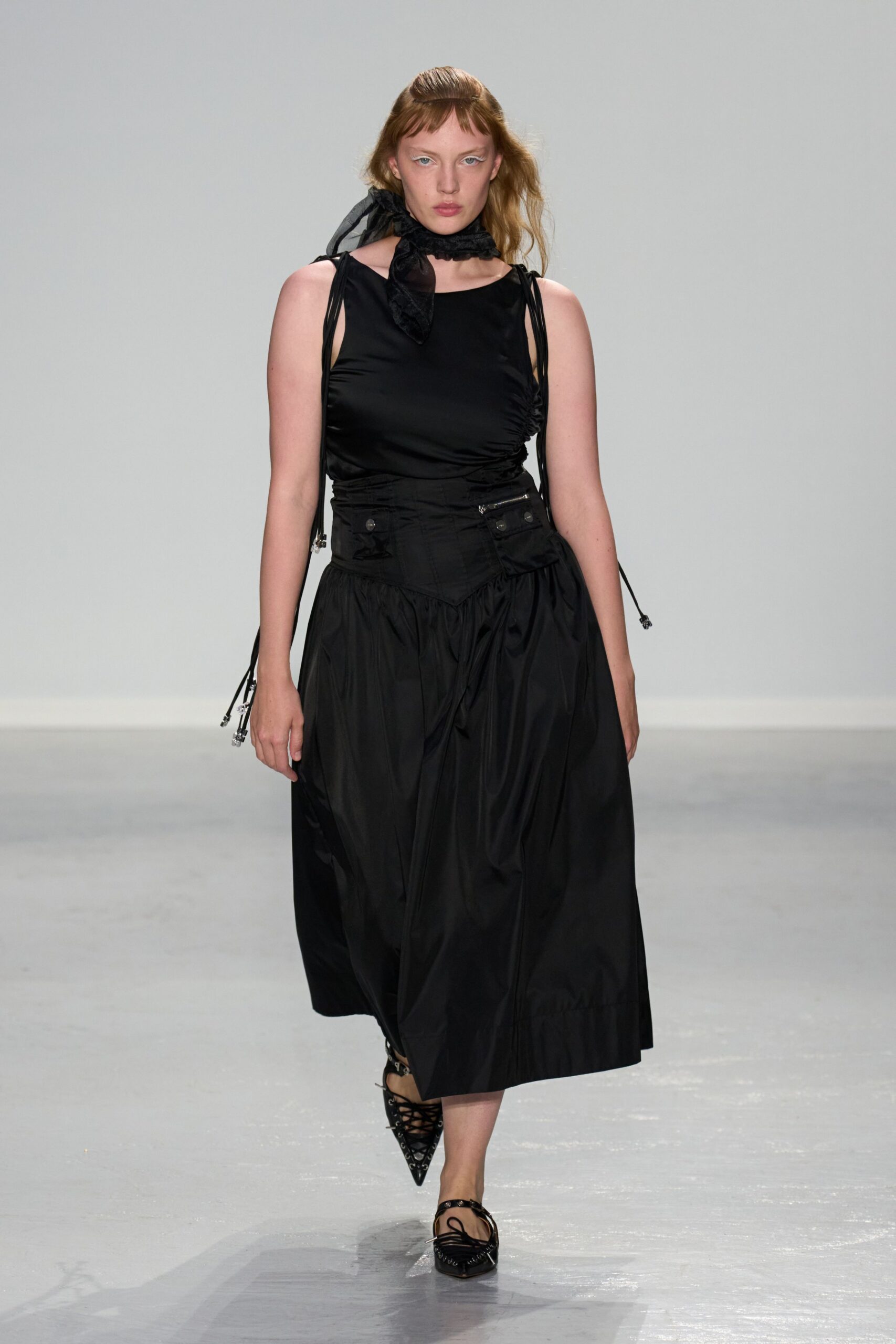 black fitted midi dress with scarf