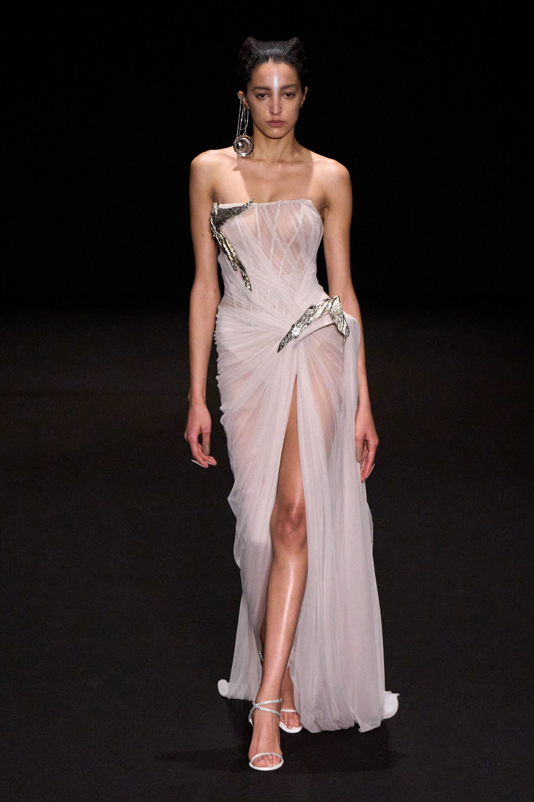 white chiffon strapless high-neck fitted draped sheer gown
