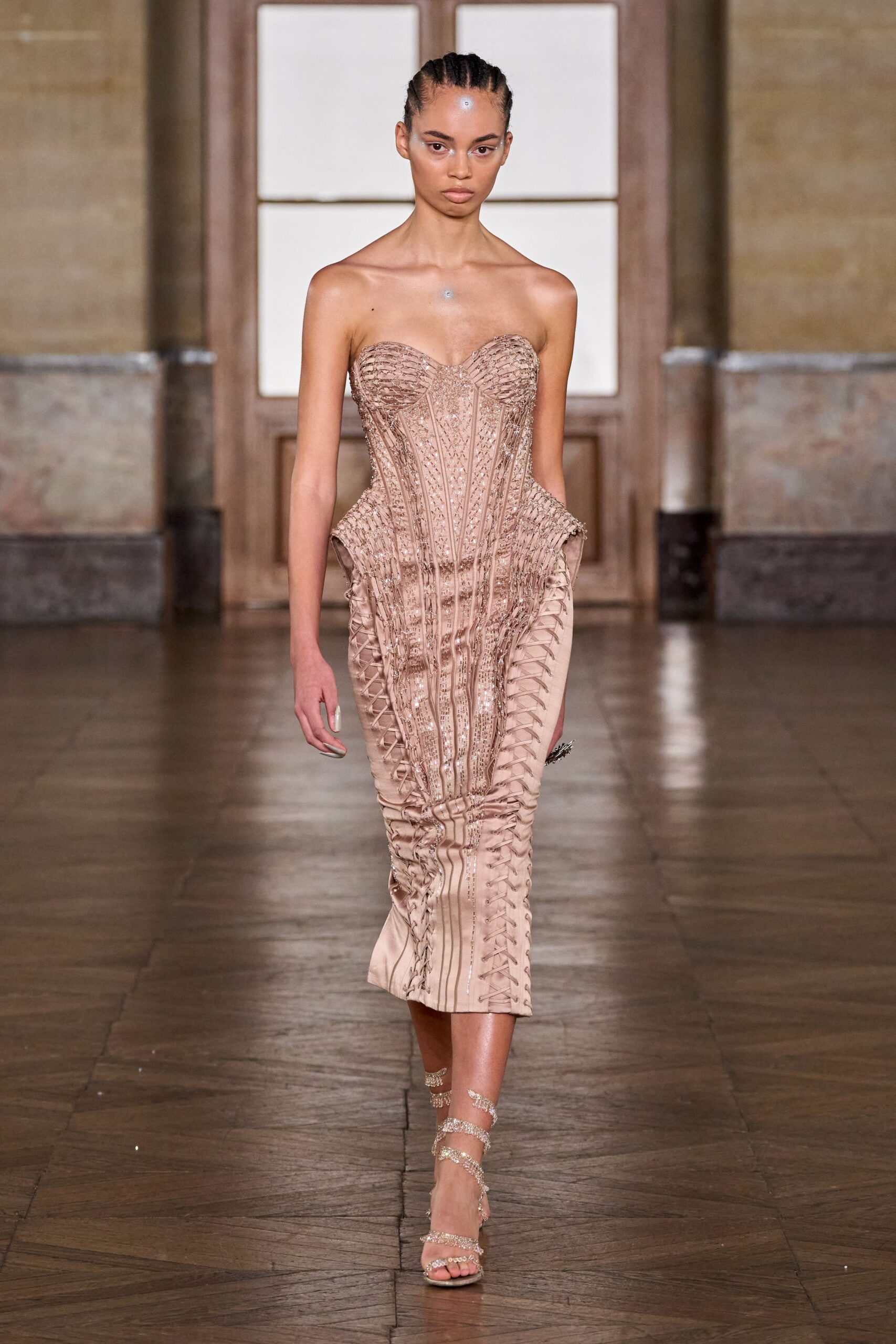 beige silk strapless fitted structured embroidered midi gown