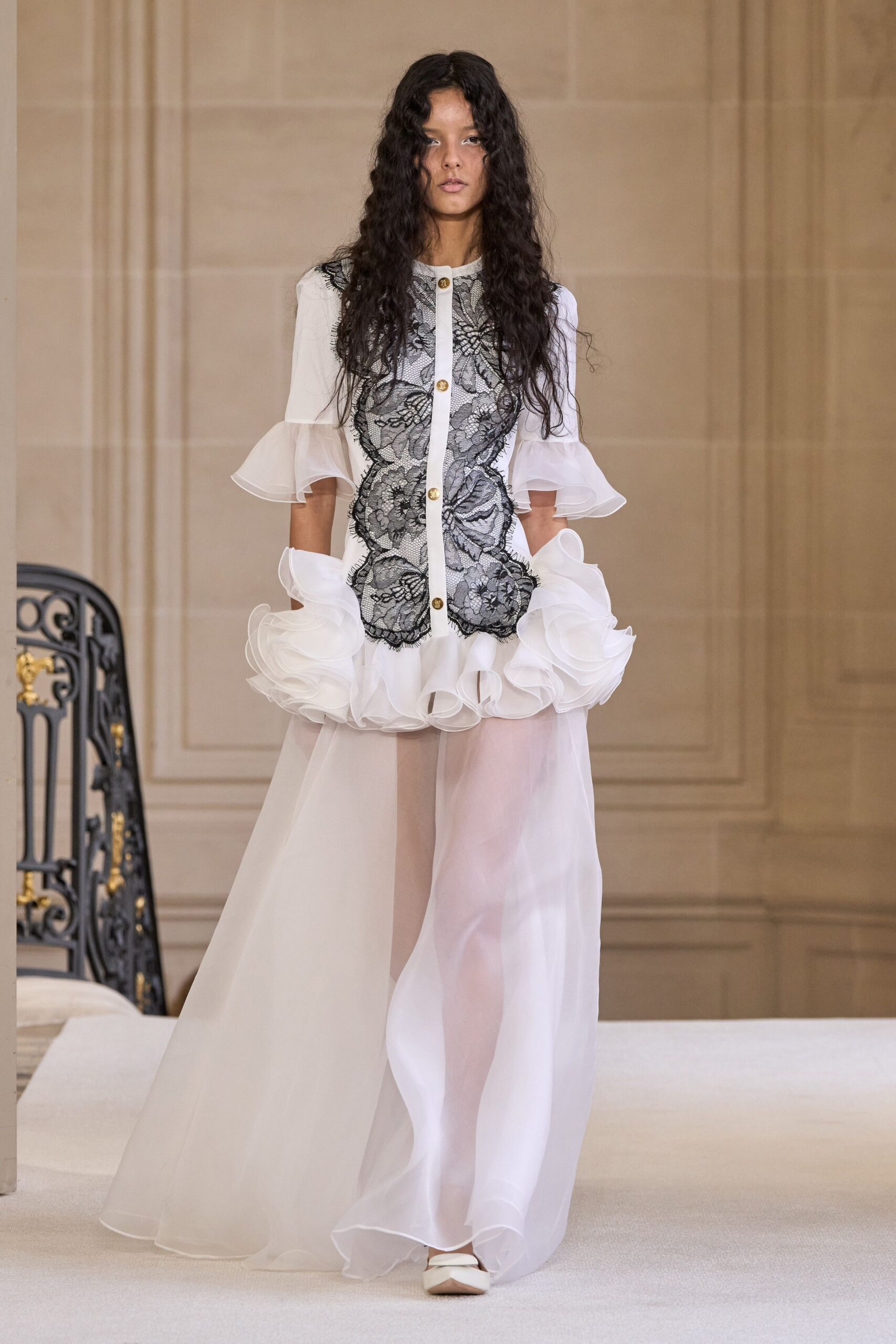 white silk long-sleeve collared fitted ruffled layered dress