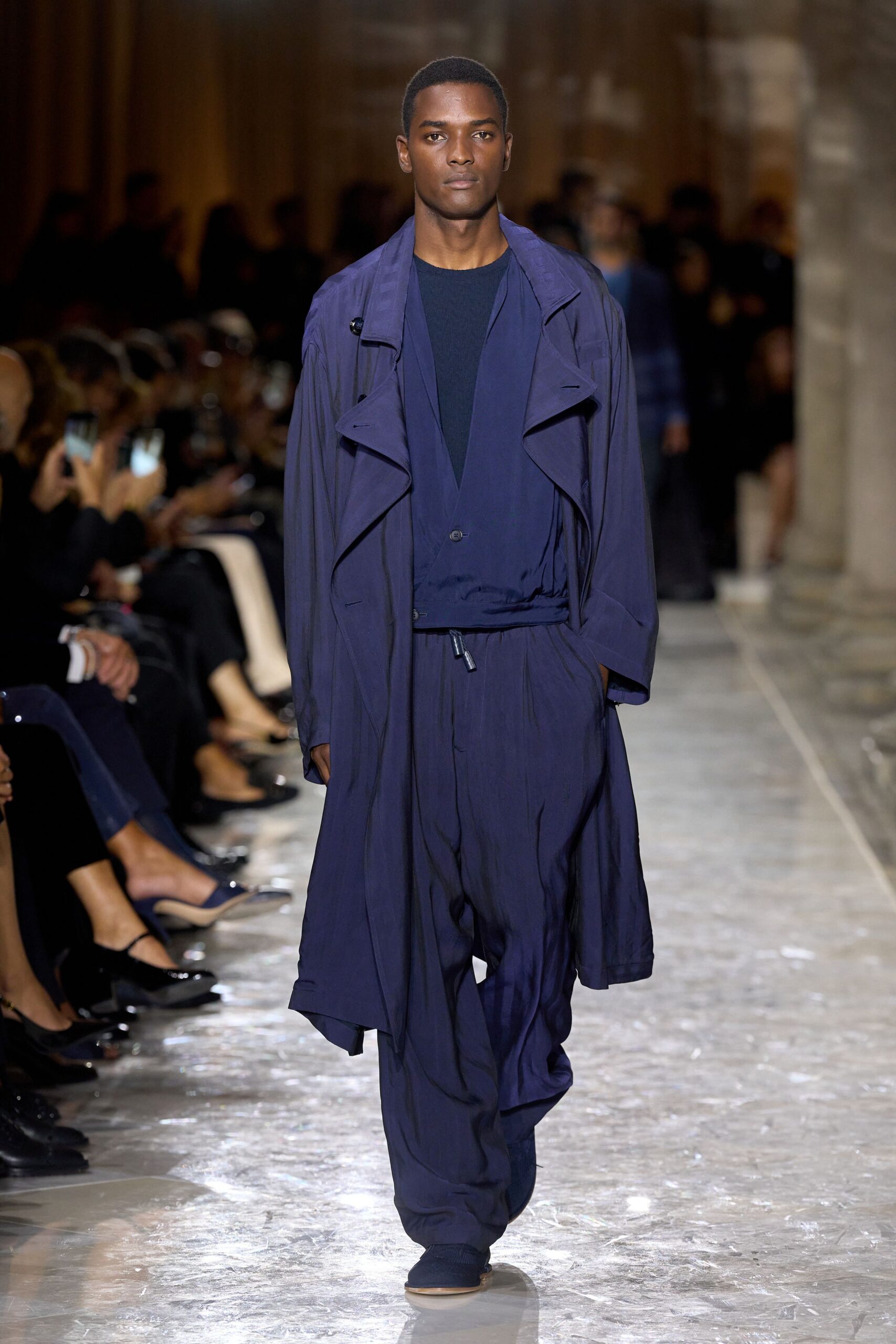 blue cotton long-sleeve collared fitted jumpsuit