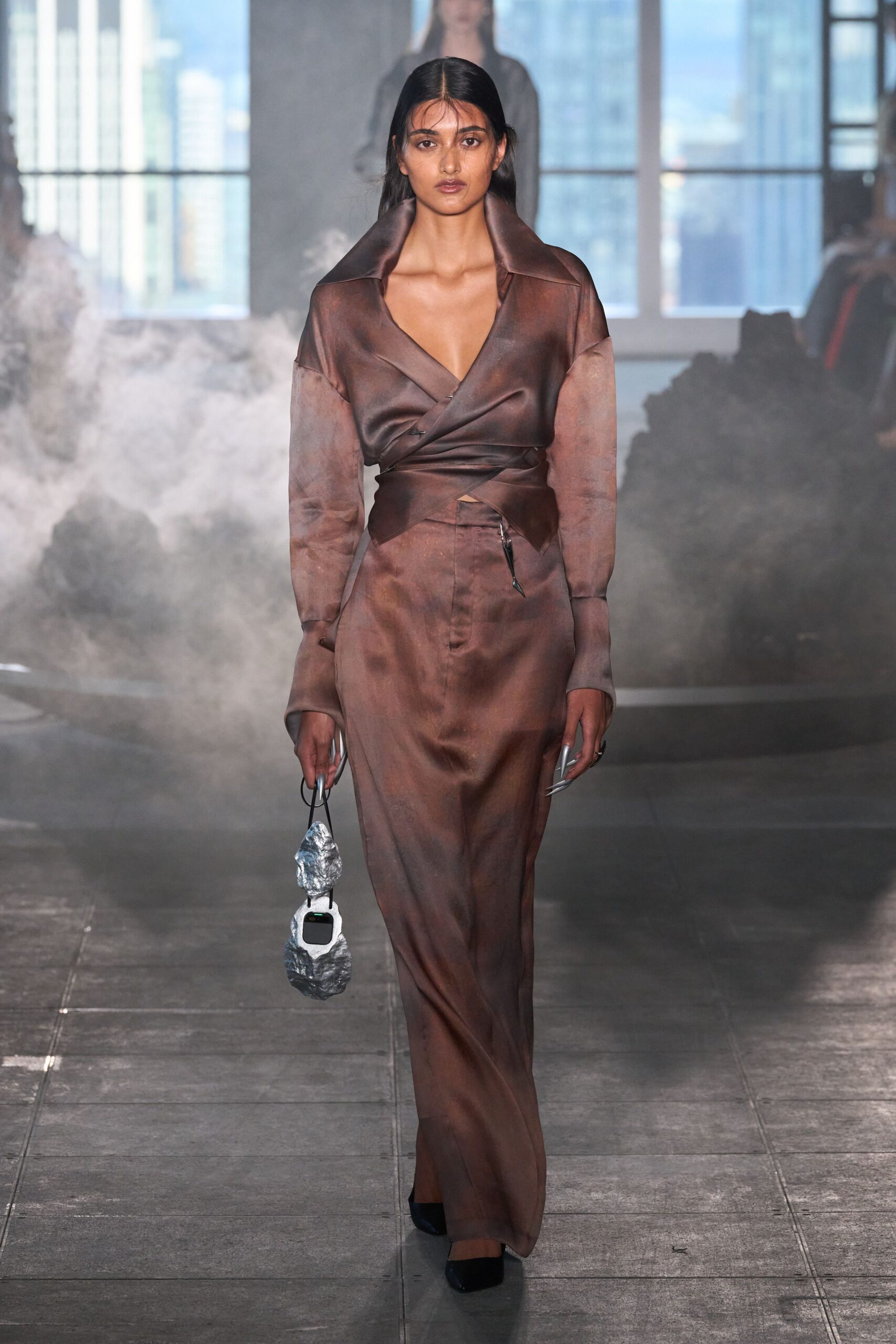 brown silk fitted maxi dress