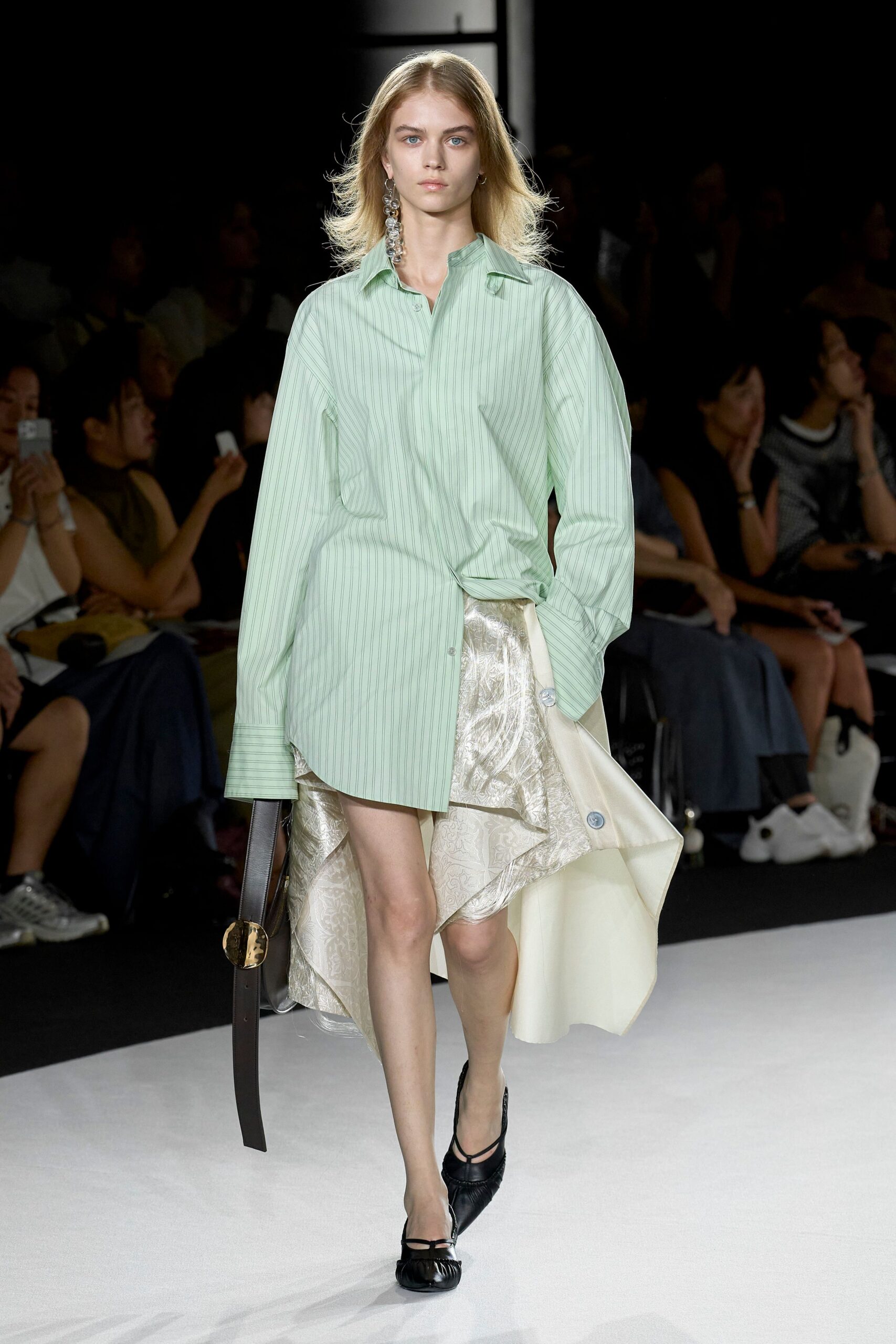 green cotton long-sleeve collared oversized striped short shirt