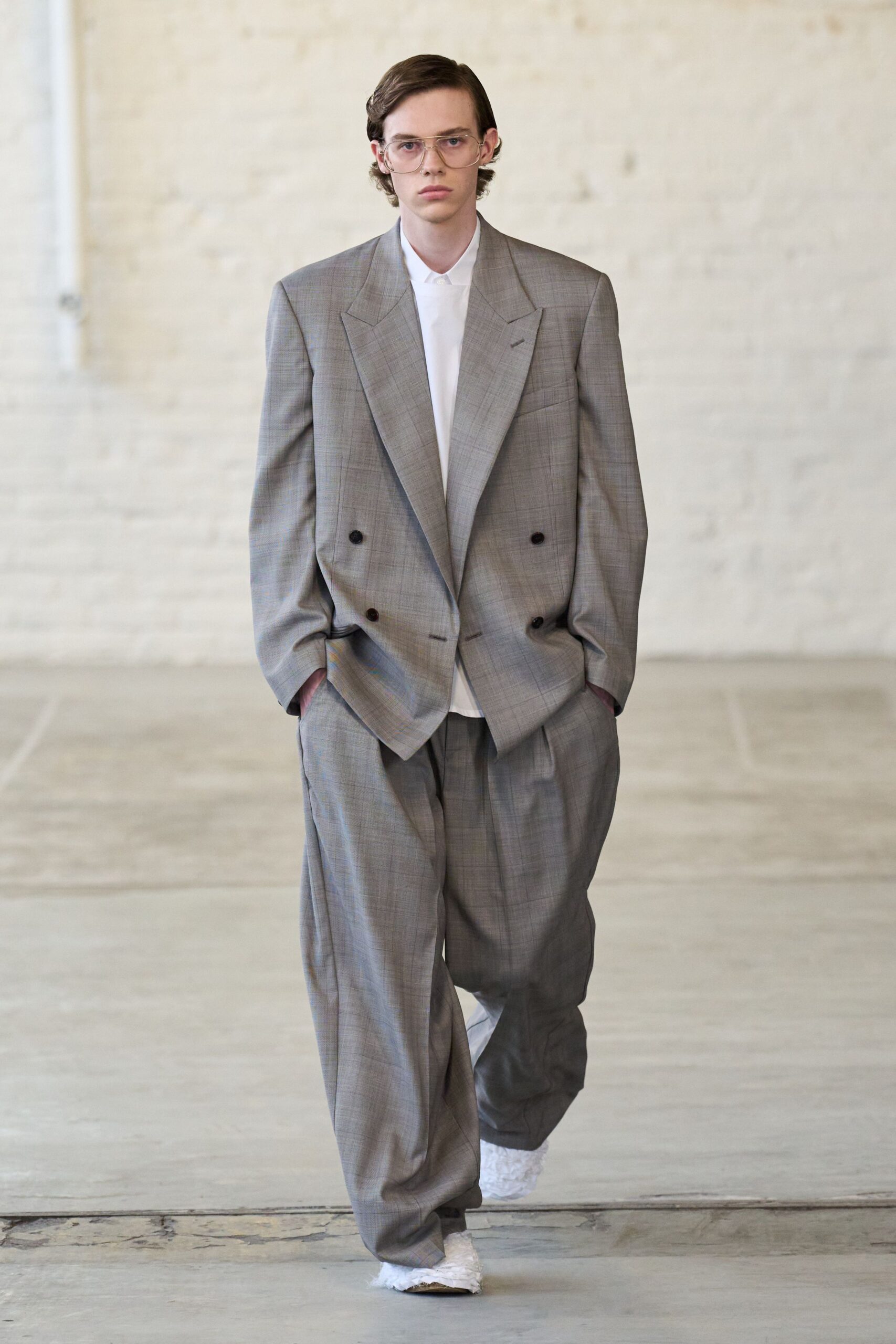 gray checked suit with white shirt