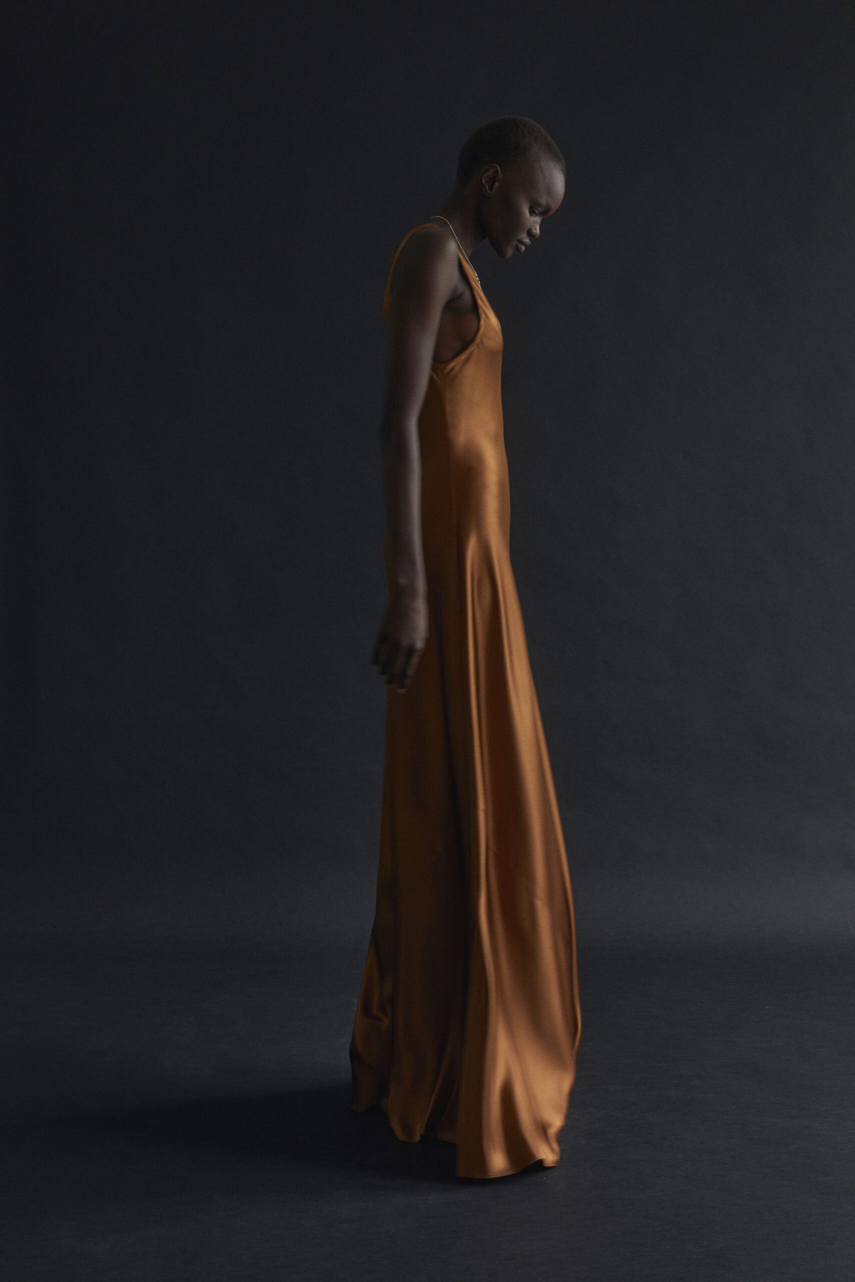 orange silk sleeveless gown