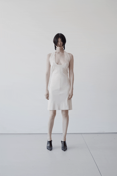 white leather sleeveless v-neck fitted mini dress