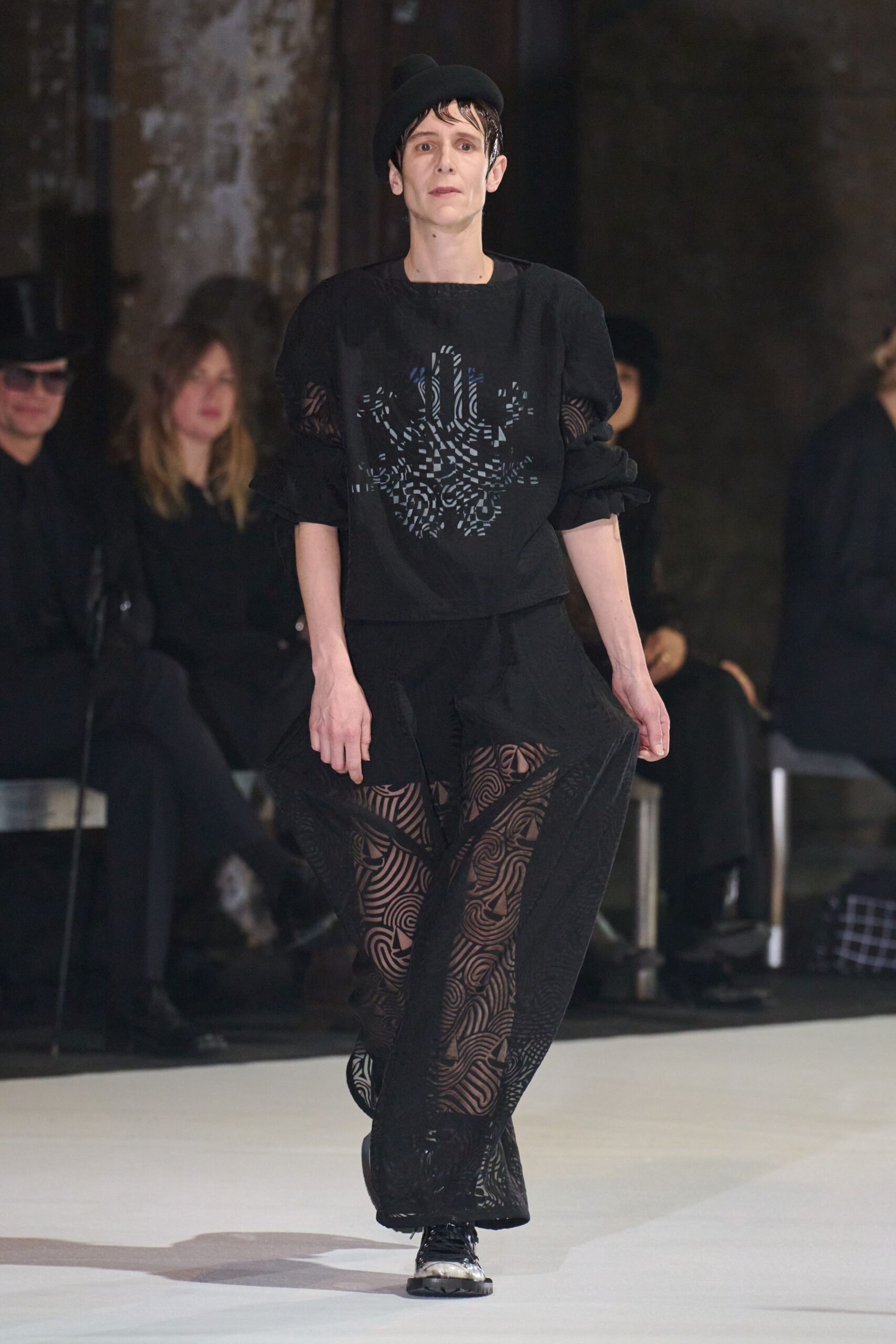 black mesh relaxed flared sheer pants