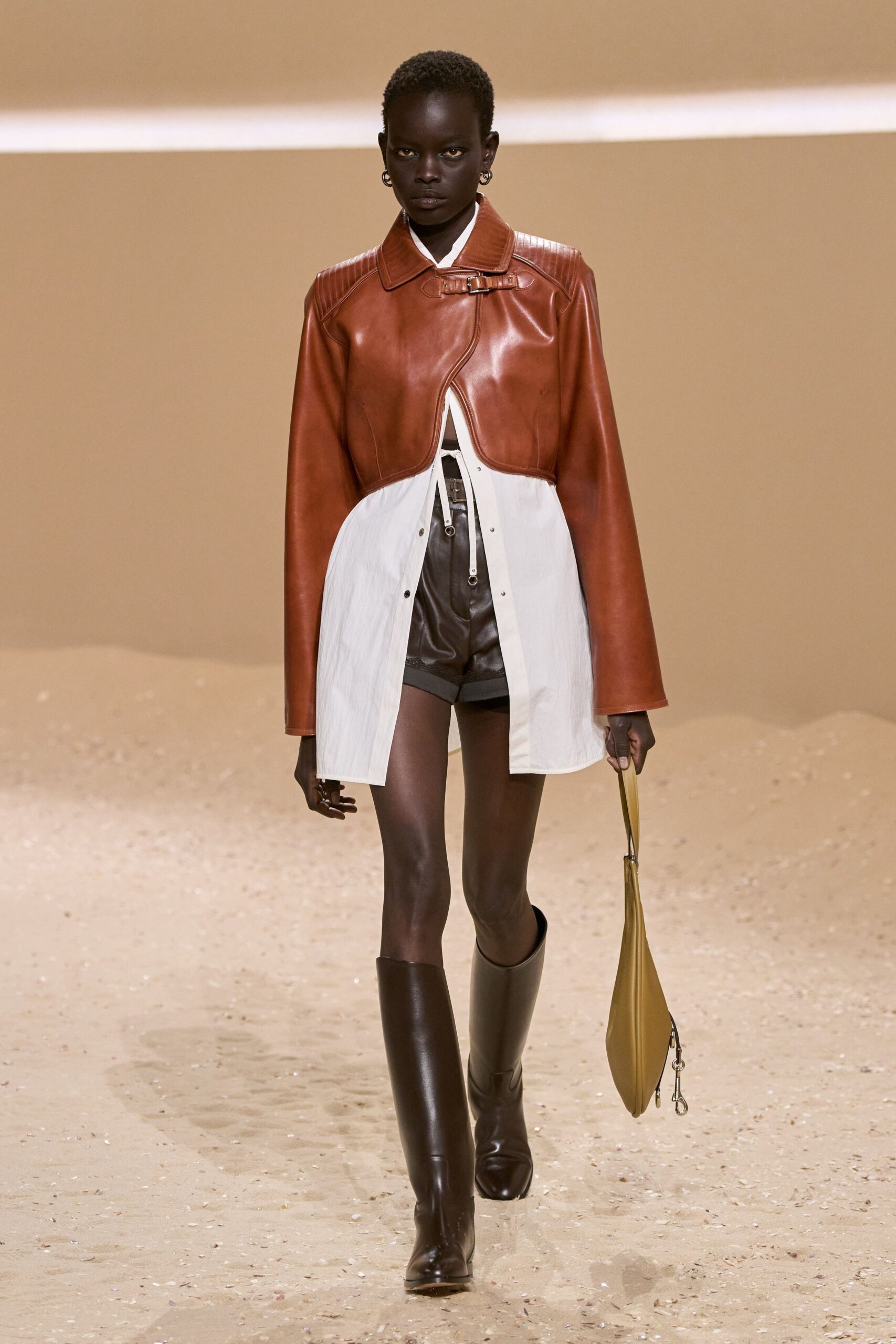 brown leather jacket with white shirt