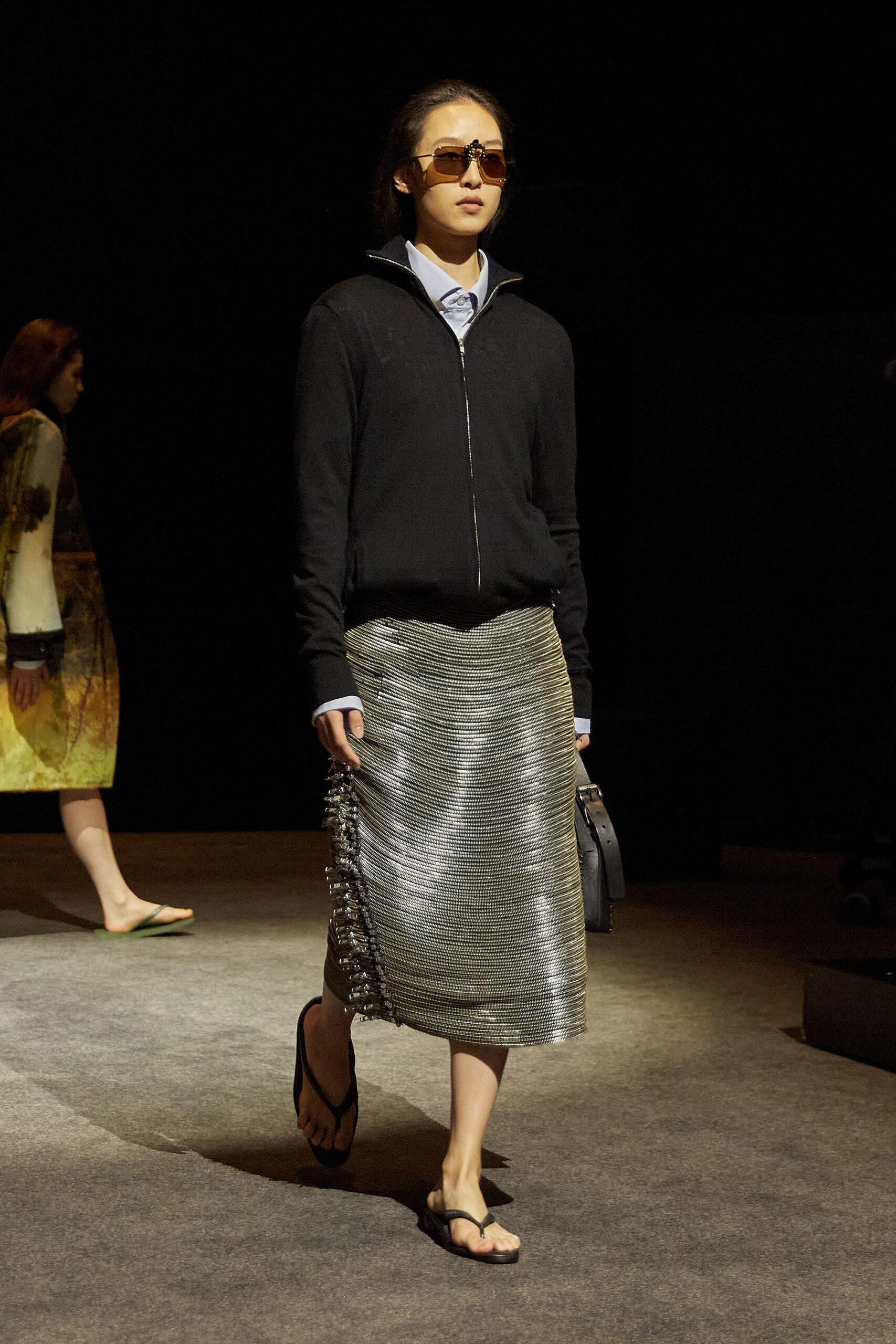 gray metallic fitted pleated shiny skirt