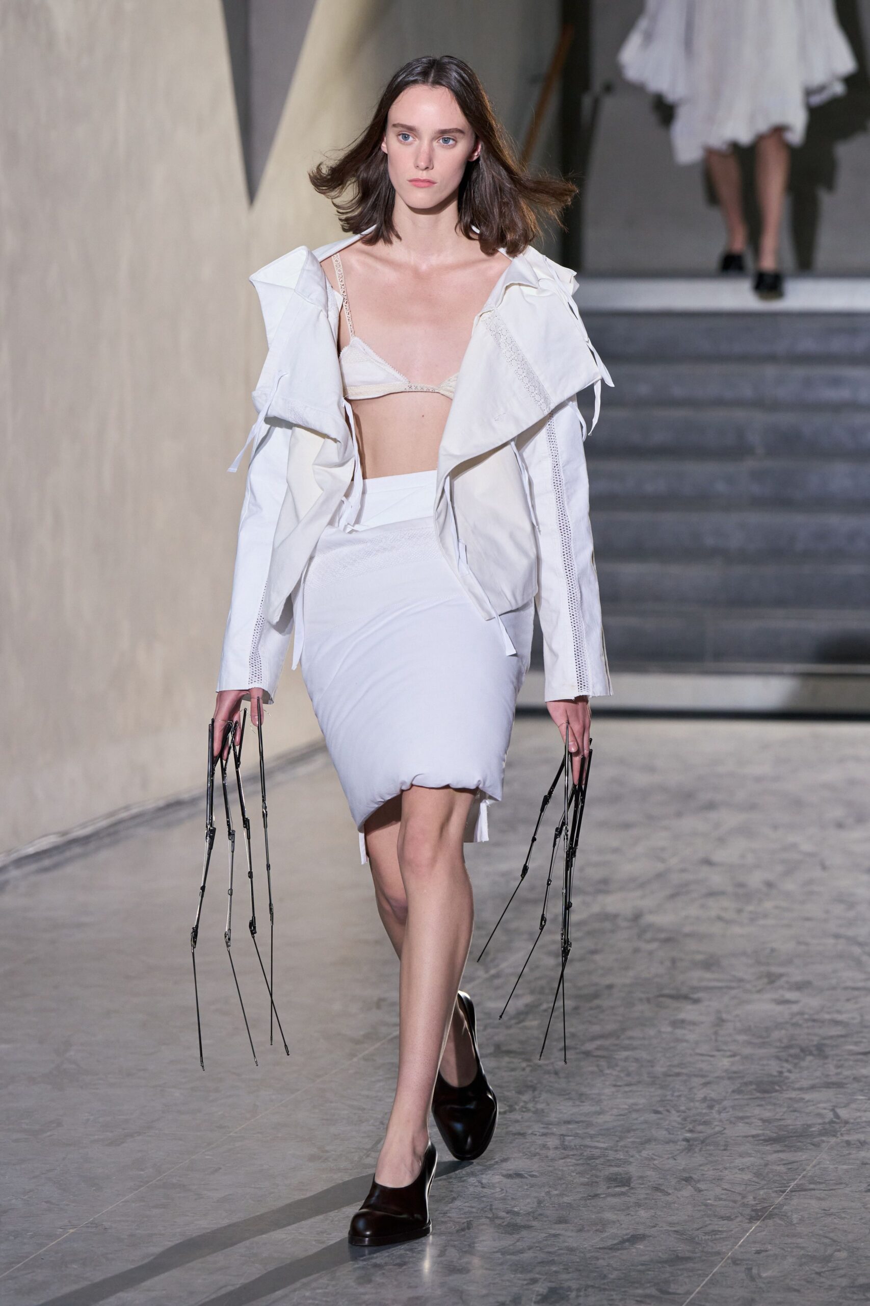 white jacket and mini skirt
