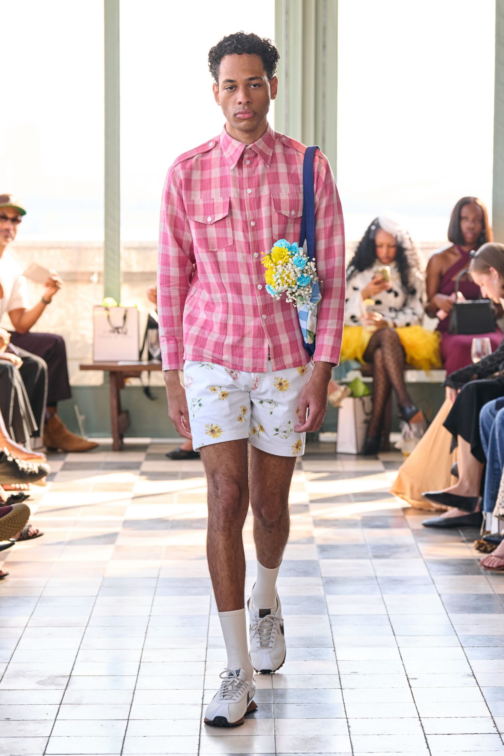 pink checked shirt with floral shorts