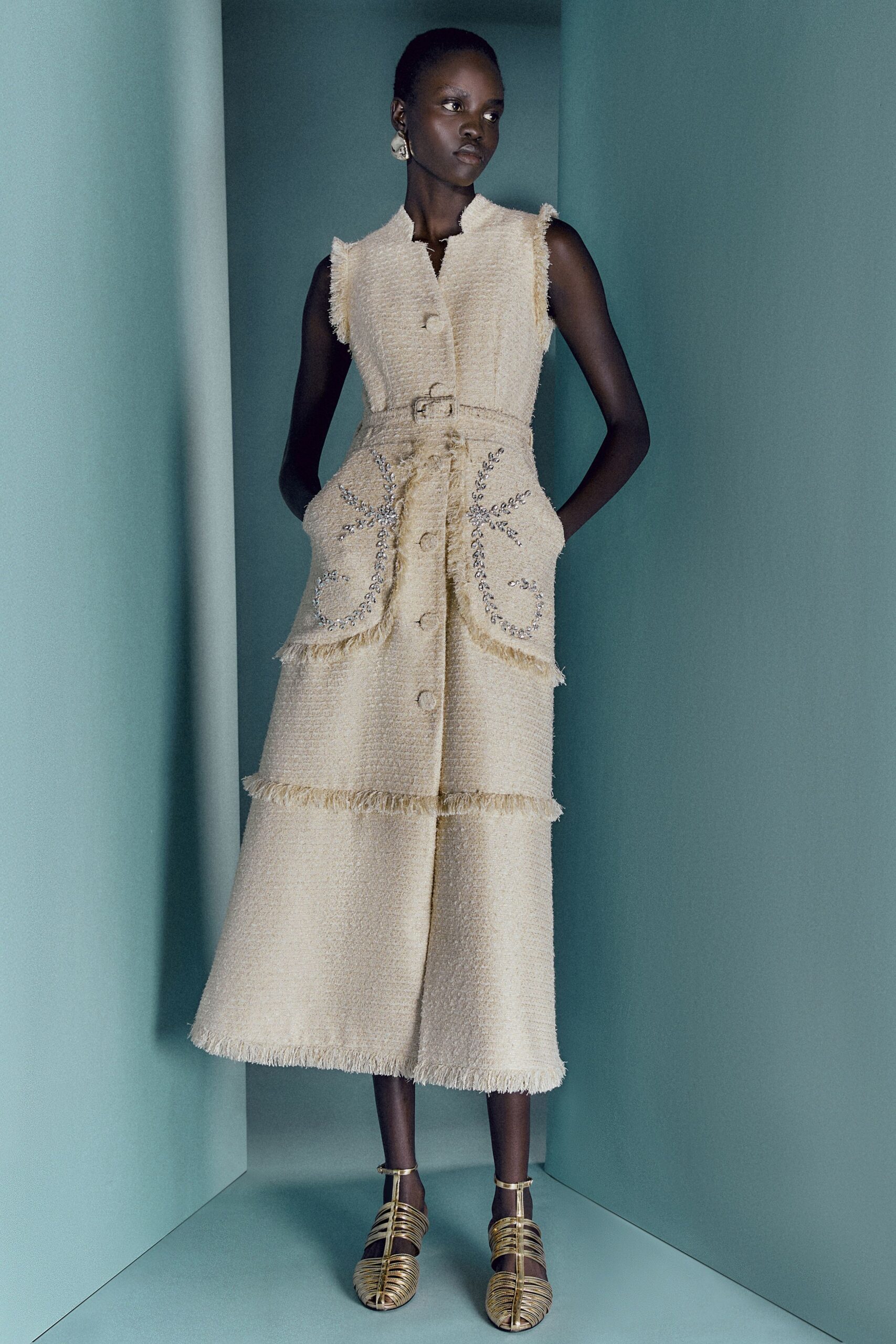 beige tweed sleeveless collared fitted pleated fringed dress