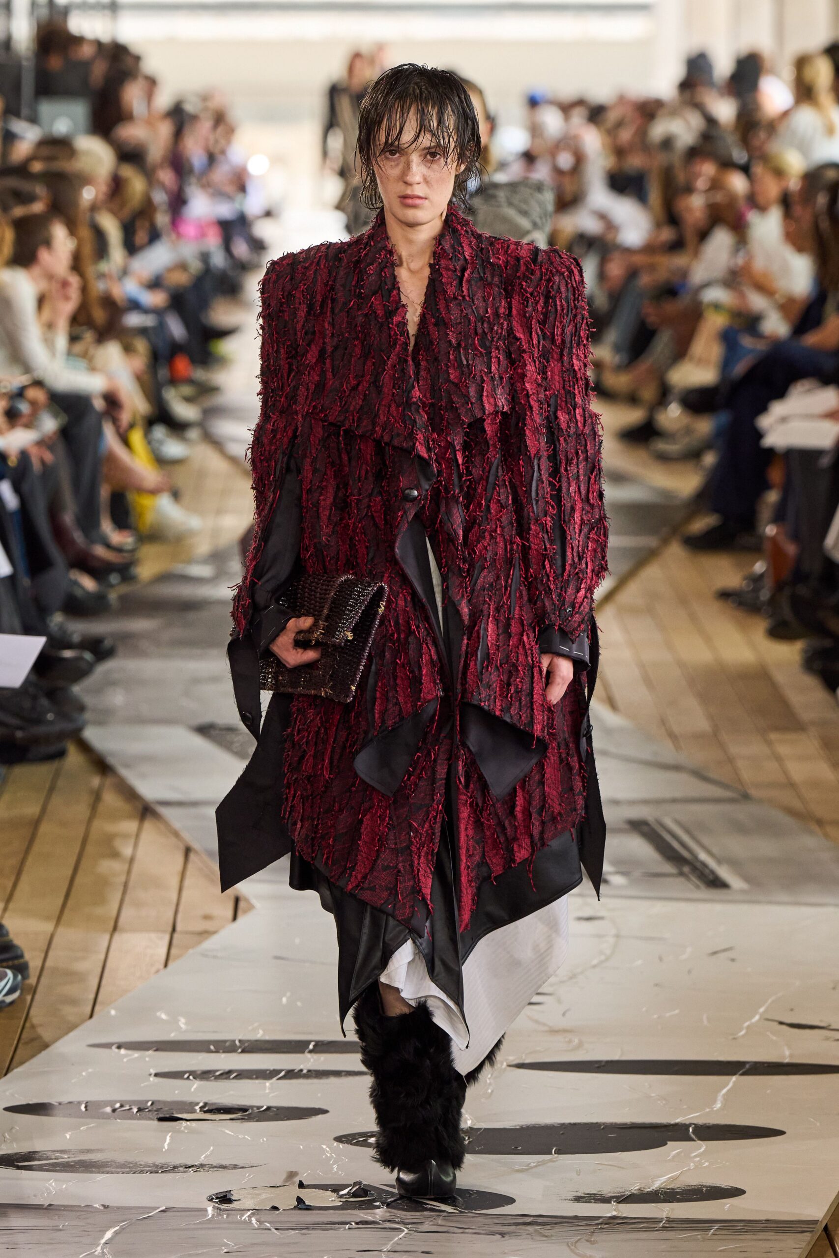 red silk long-sleeve collared relaxed ruffled layered coat