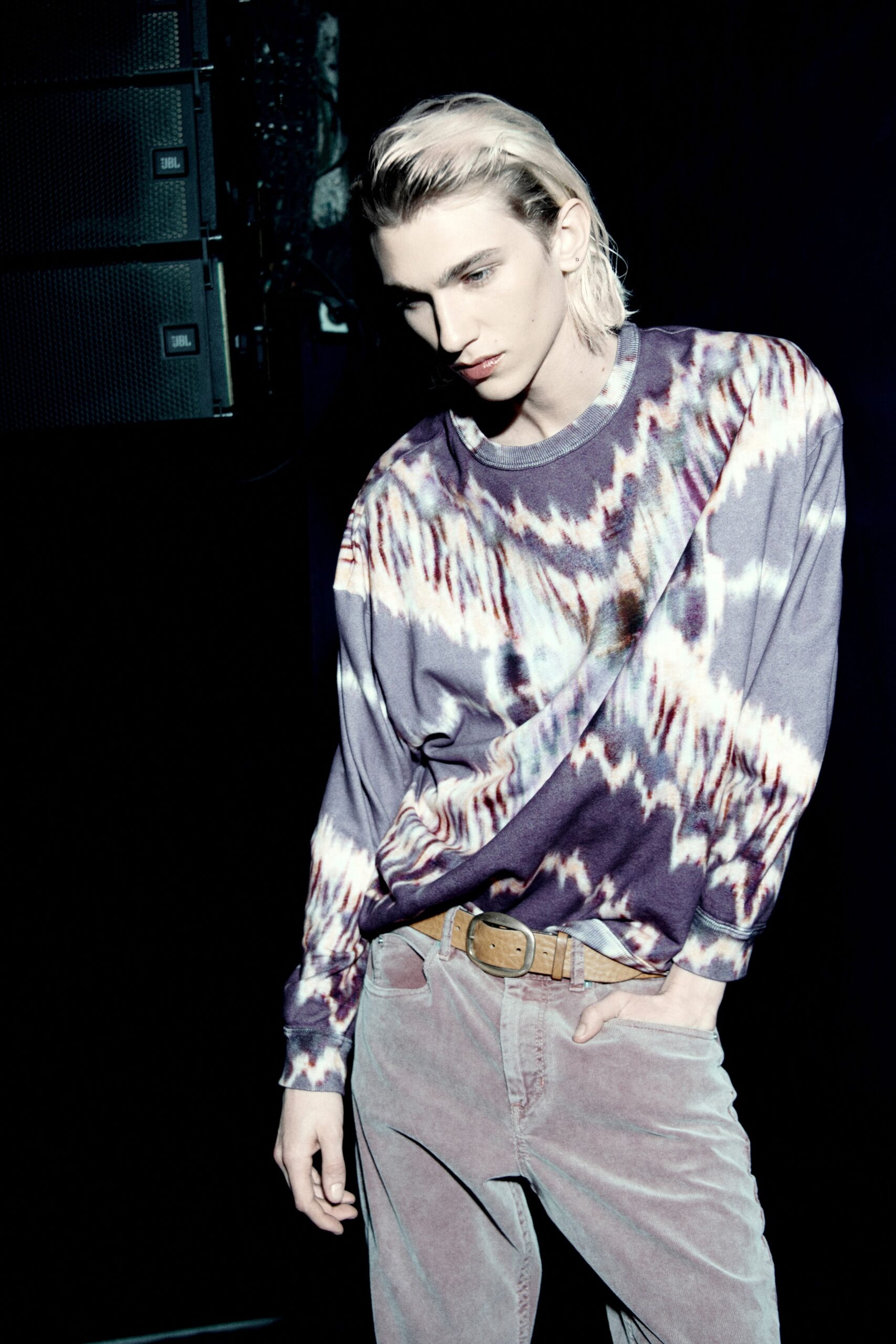 purple cotton long-sleeve collared relaxed printed sweater