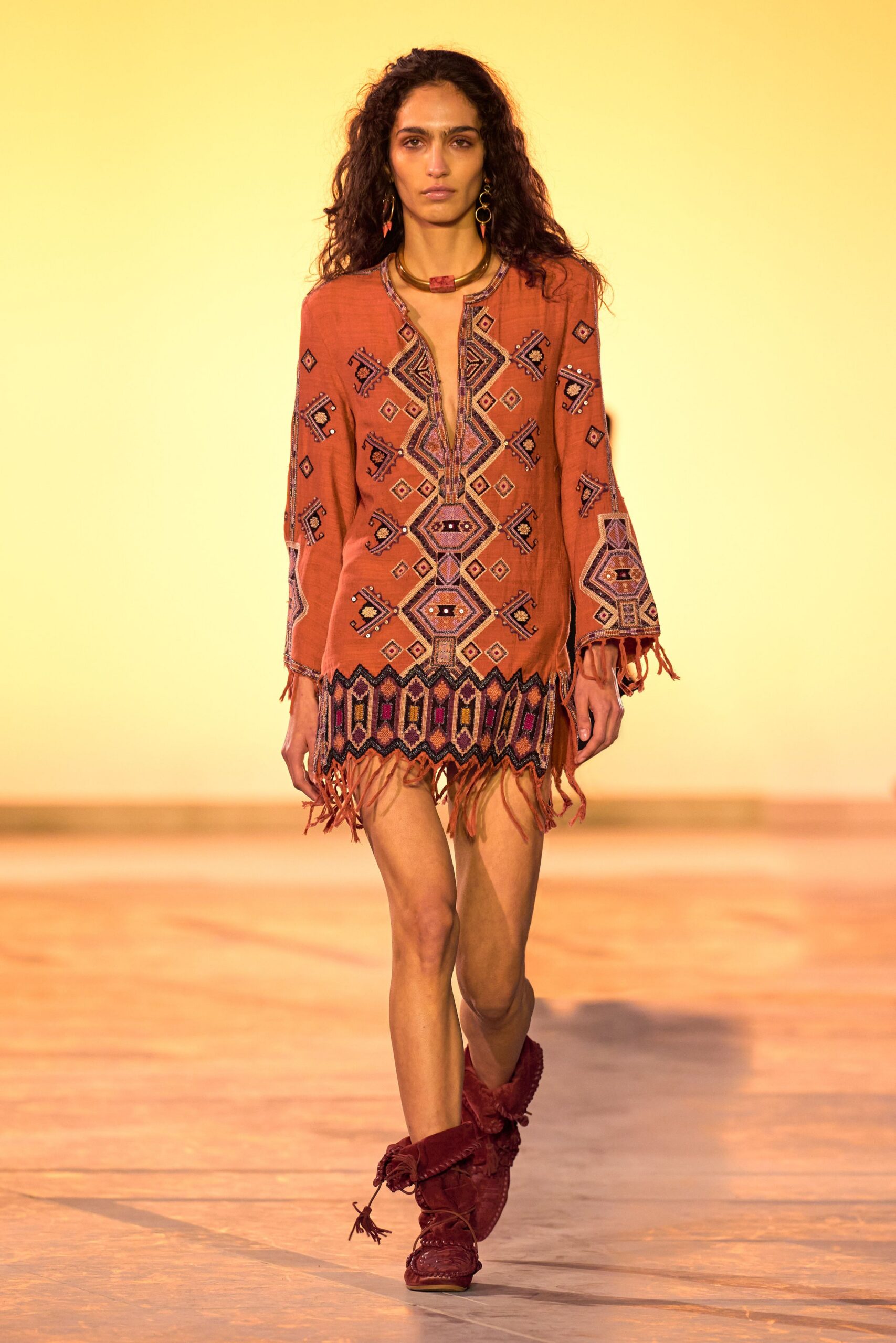 orange cotton long-sleeve v-neck fitted fringed embroidered dress