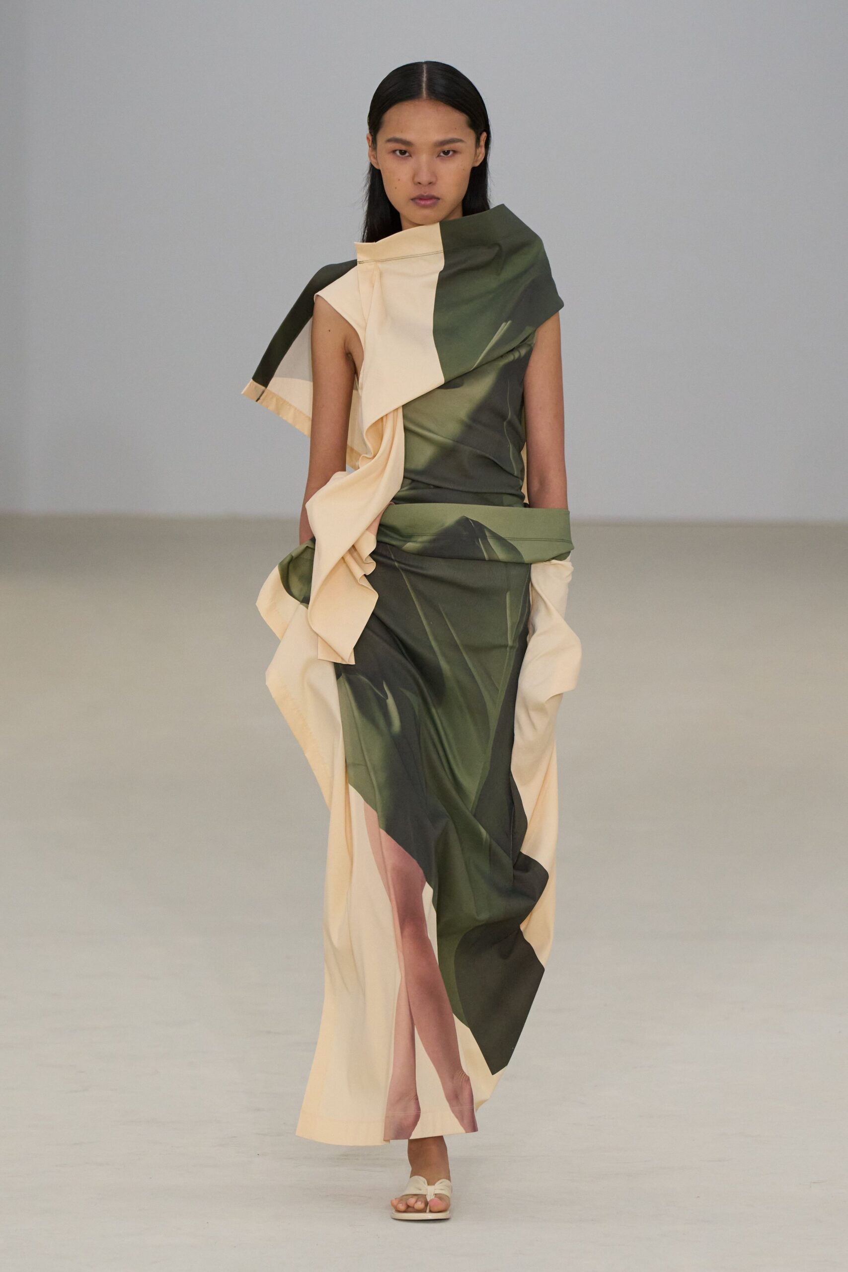 green silk sleeveless fitted draped flowing maxi dress