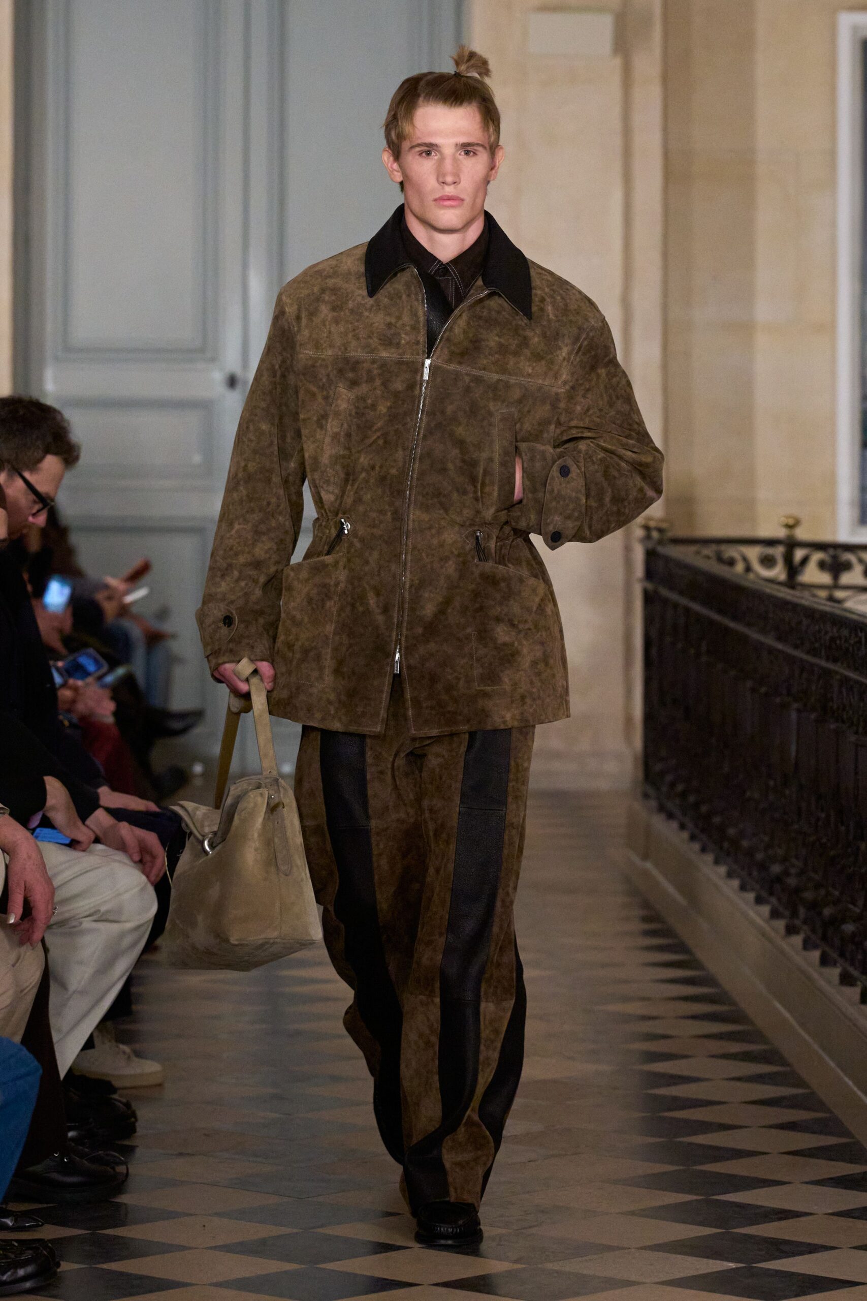 brown leather relaxed jacket and pants