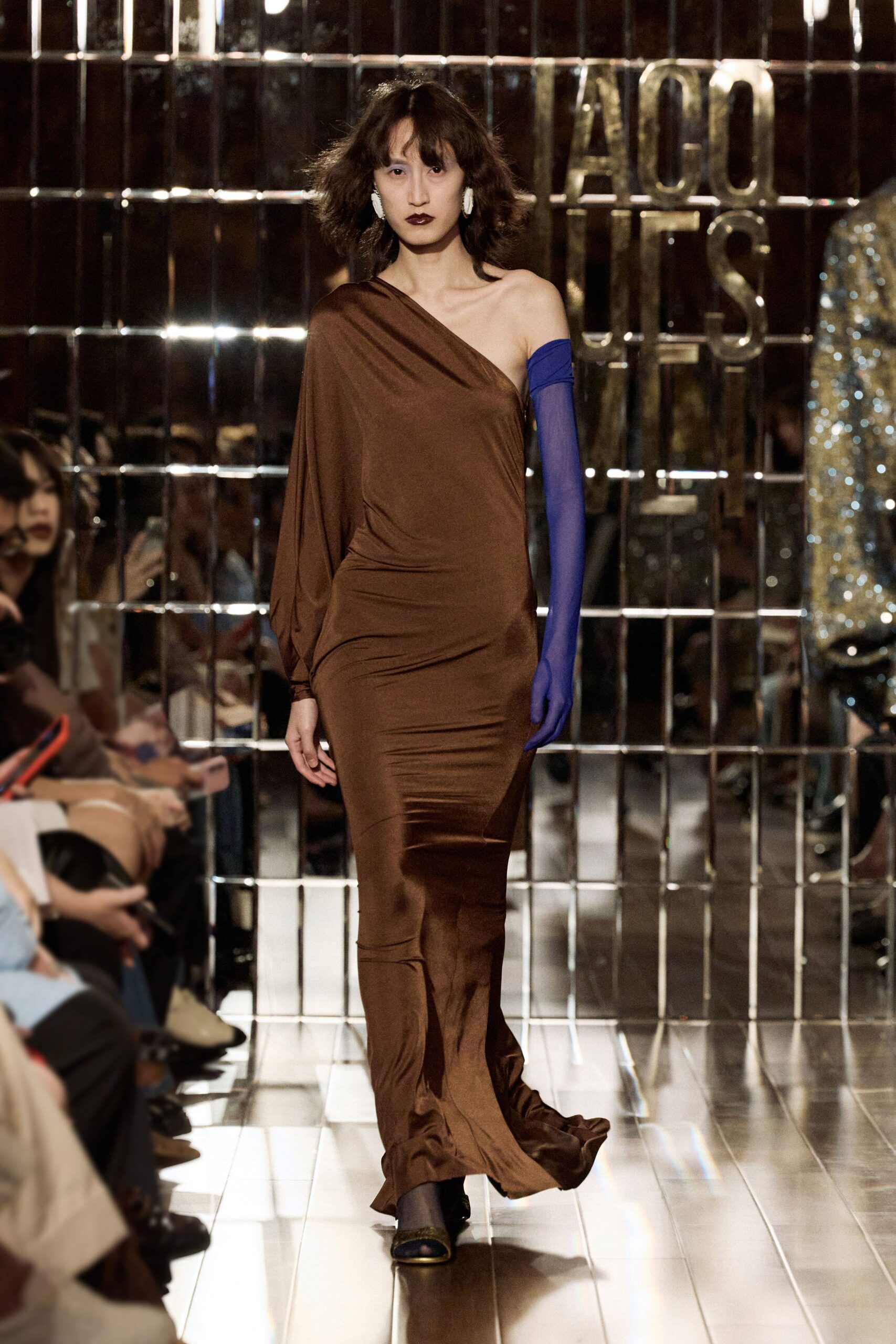 brown silk off-shoulder gown