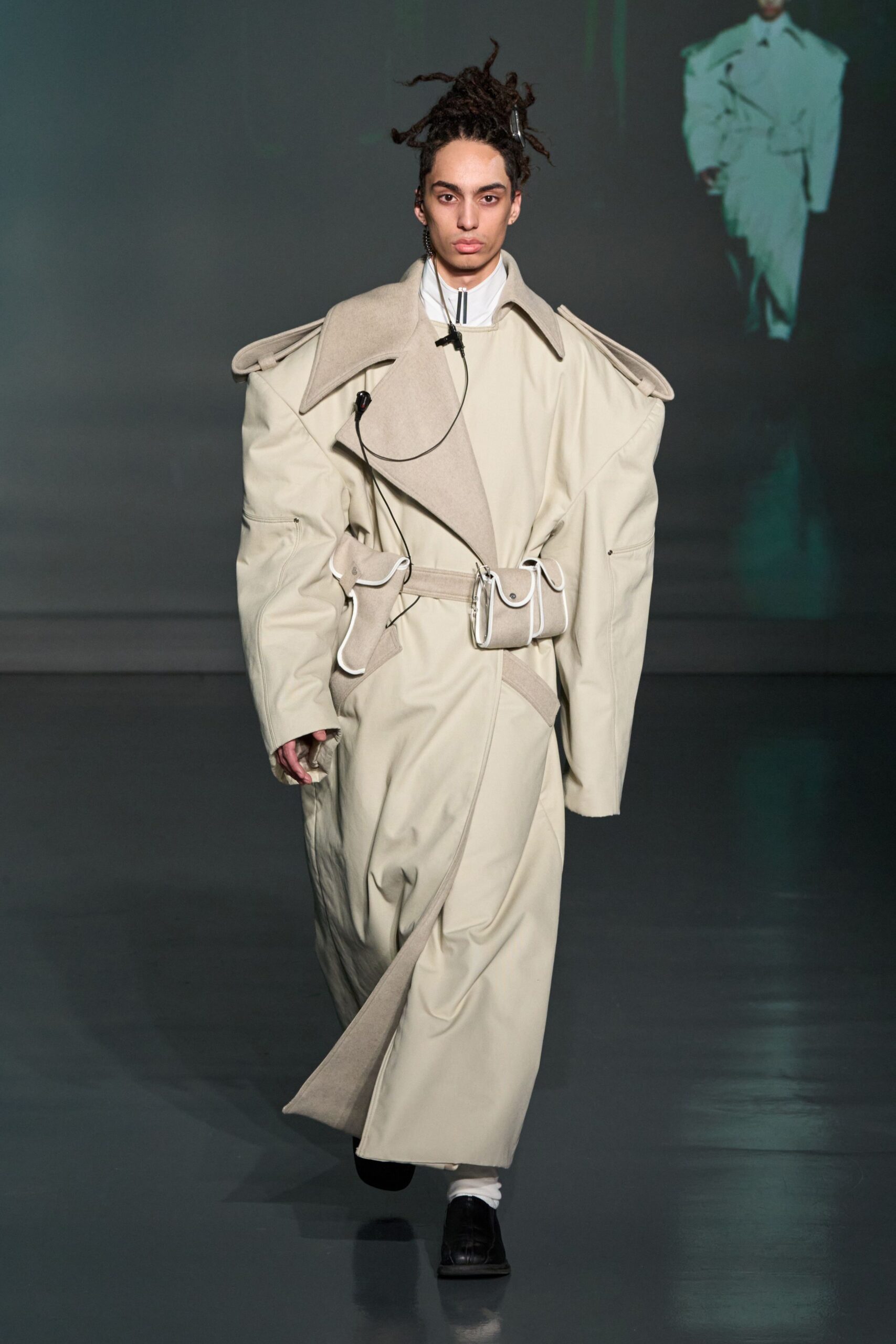 beige cotton long-sleeve collared oversized belted maxi coat