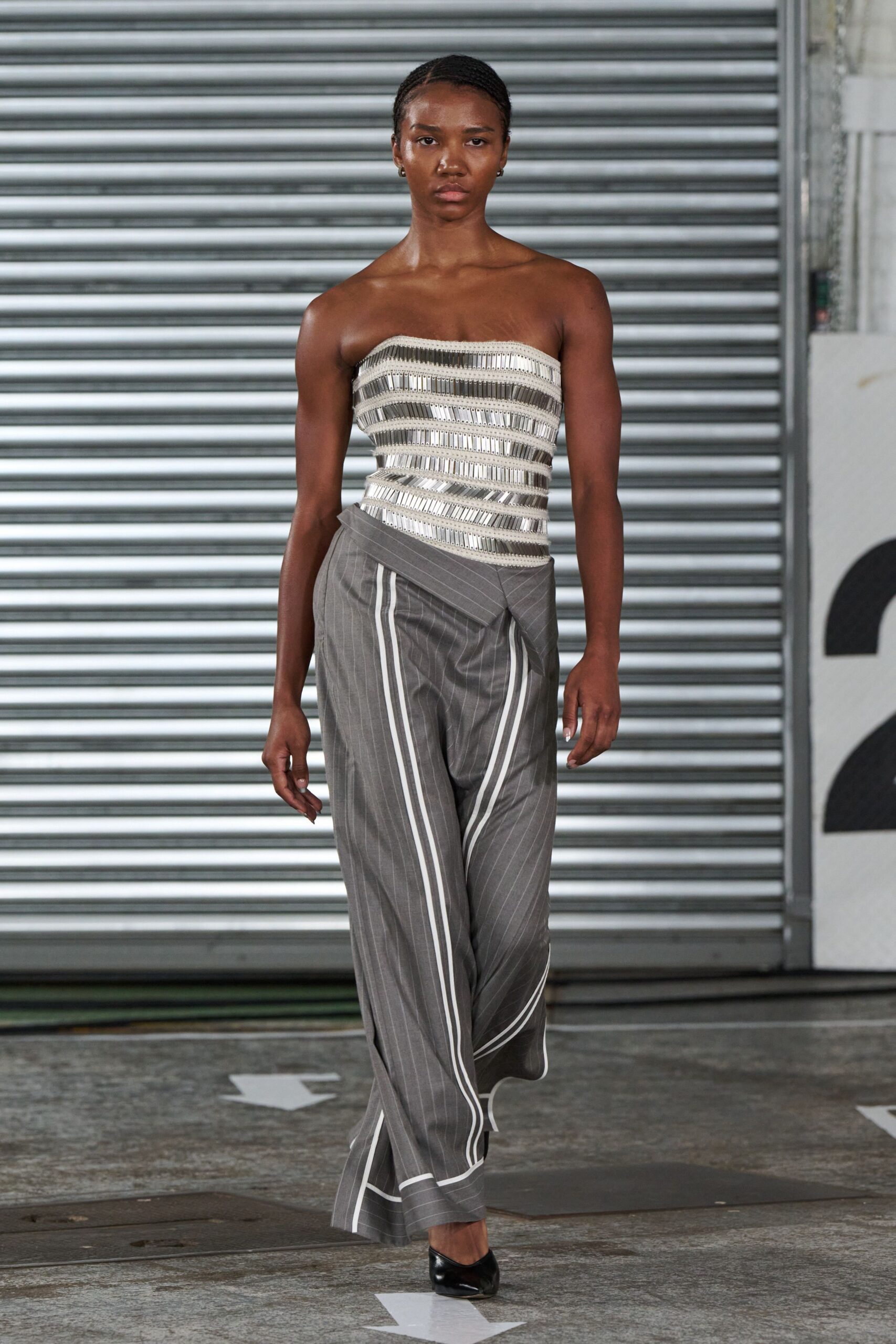 gray silk strapless fitted striped top