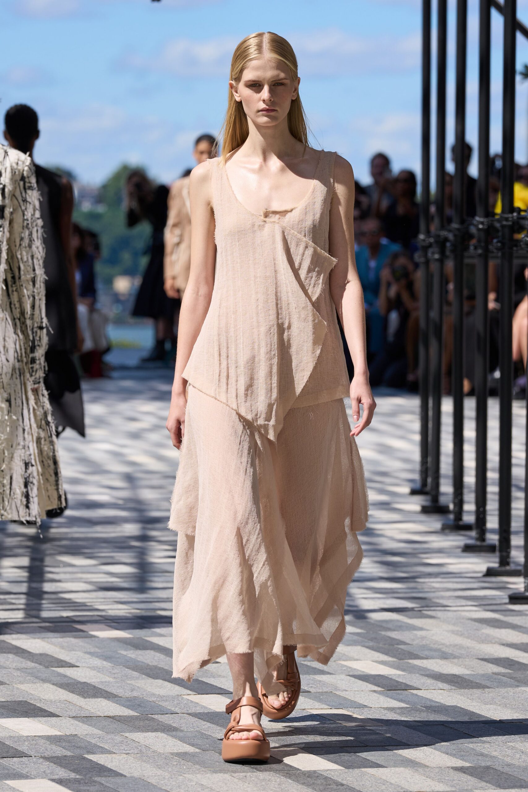 beige cotton sleeveless v-neck relaxed layered draped dress