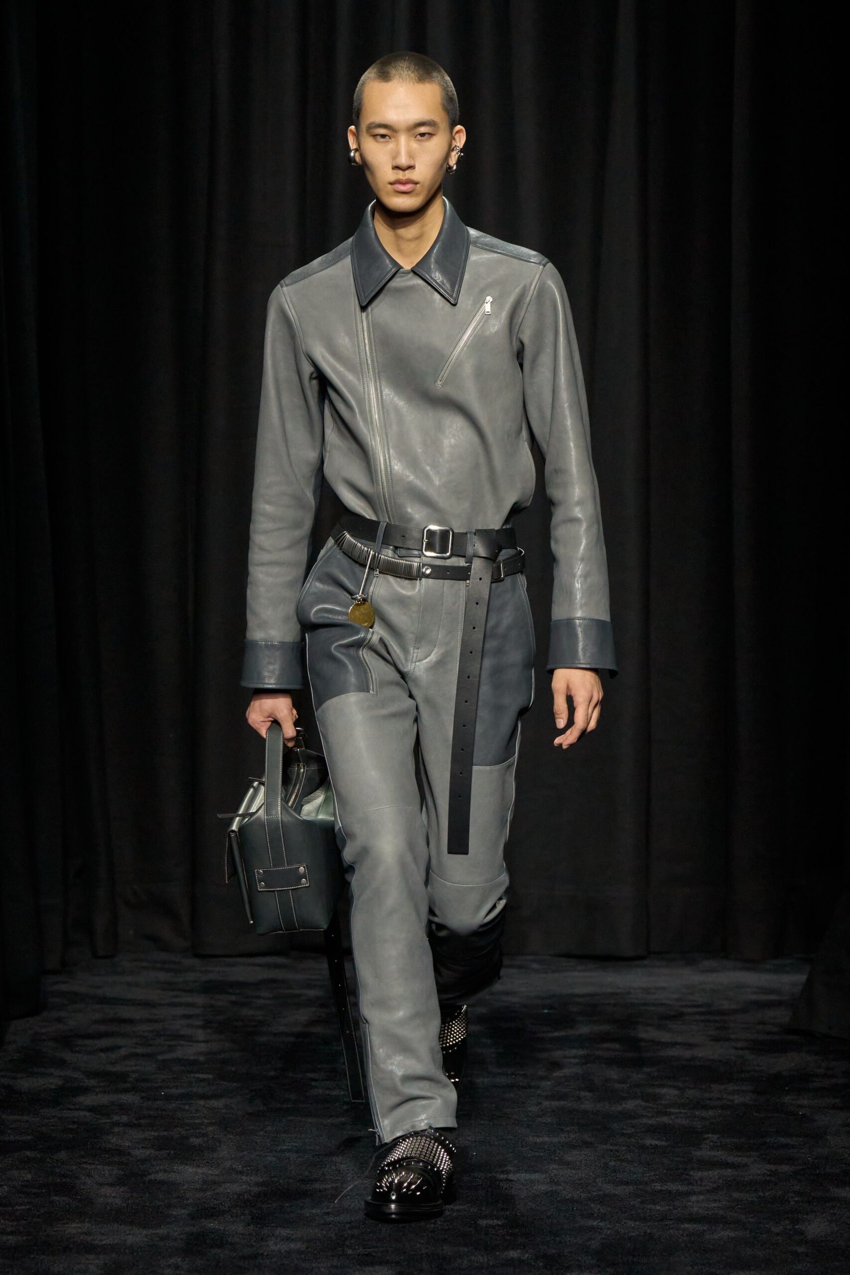 gray leather jacket and pants