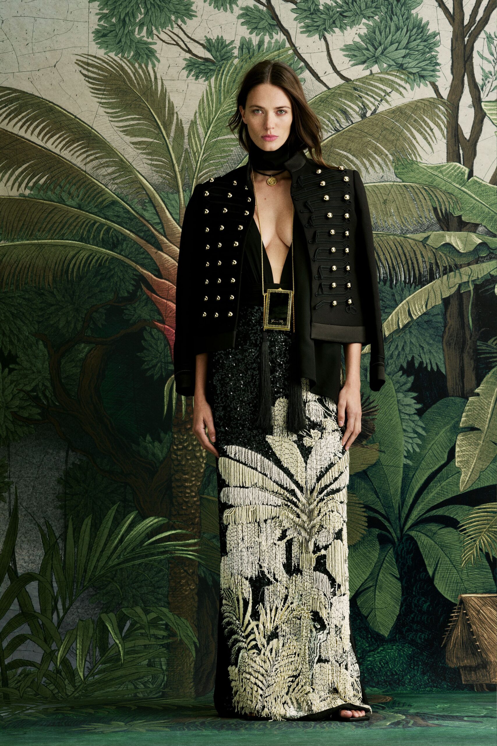 black silk long-sleeve collared structured buttoned cape