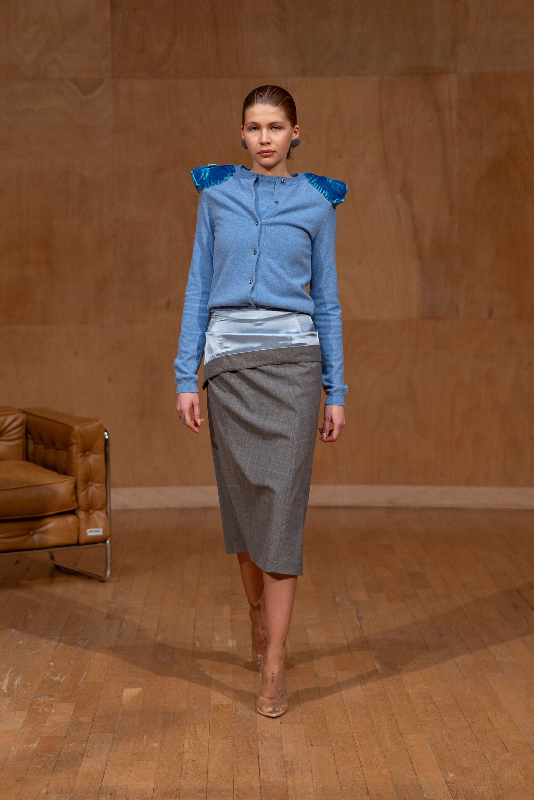blue cotton long-sleeve collared fitted layered cardigan