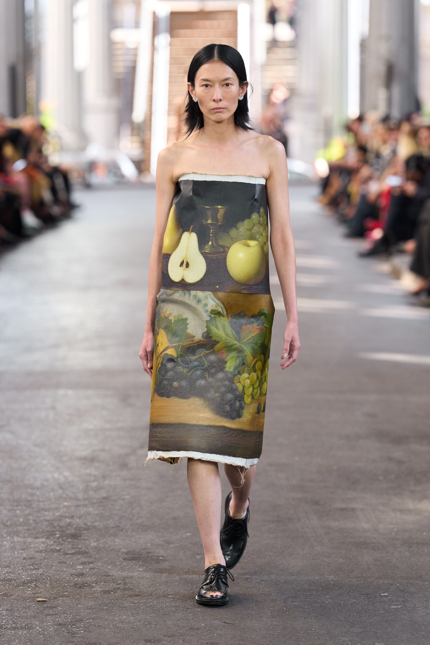 multi cotton strapless fitted printed midi dress
