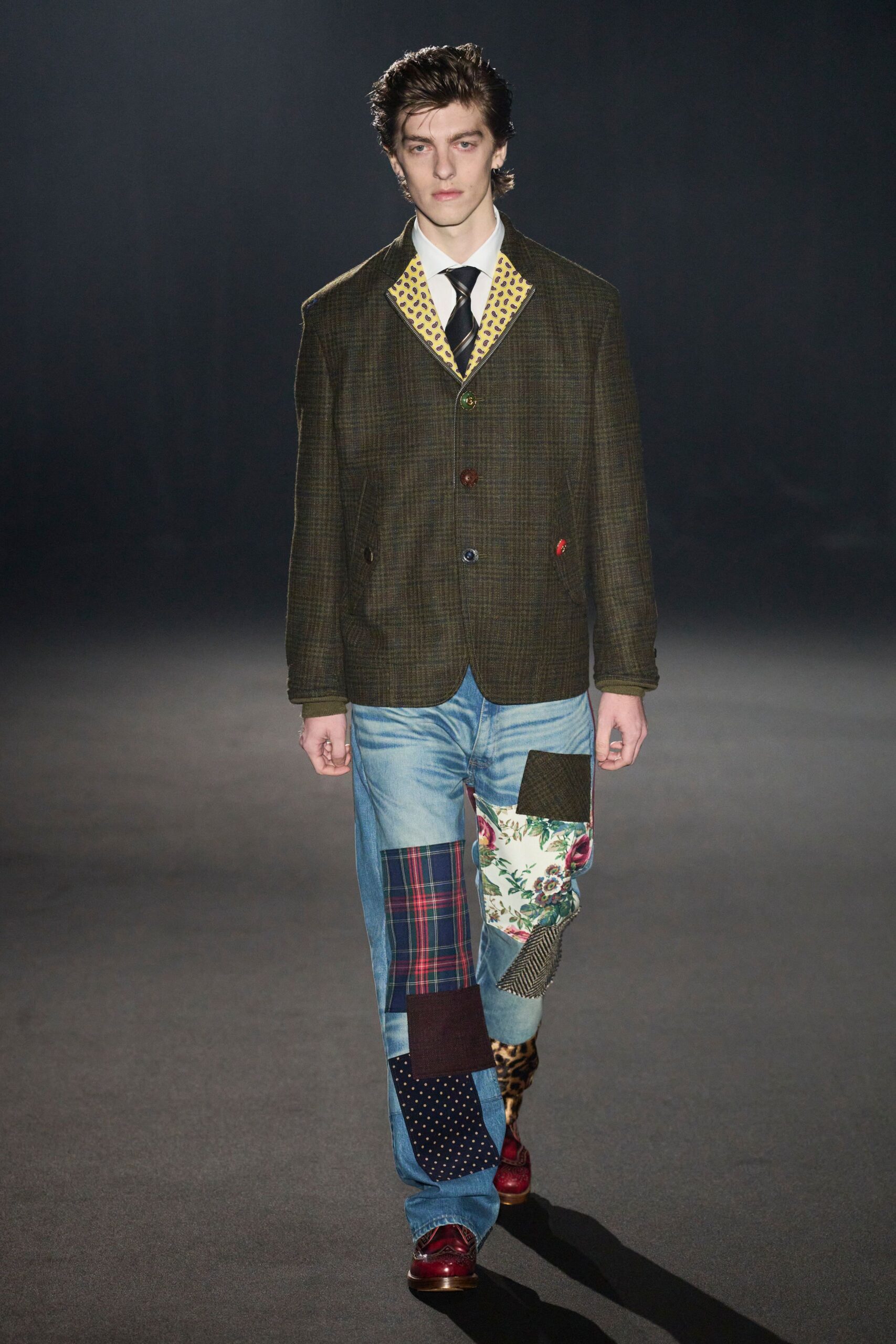 brown cotton long-sleeve collared tailored checked embroidered blazer