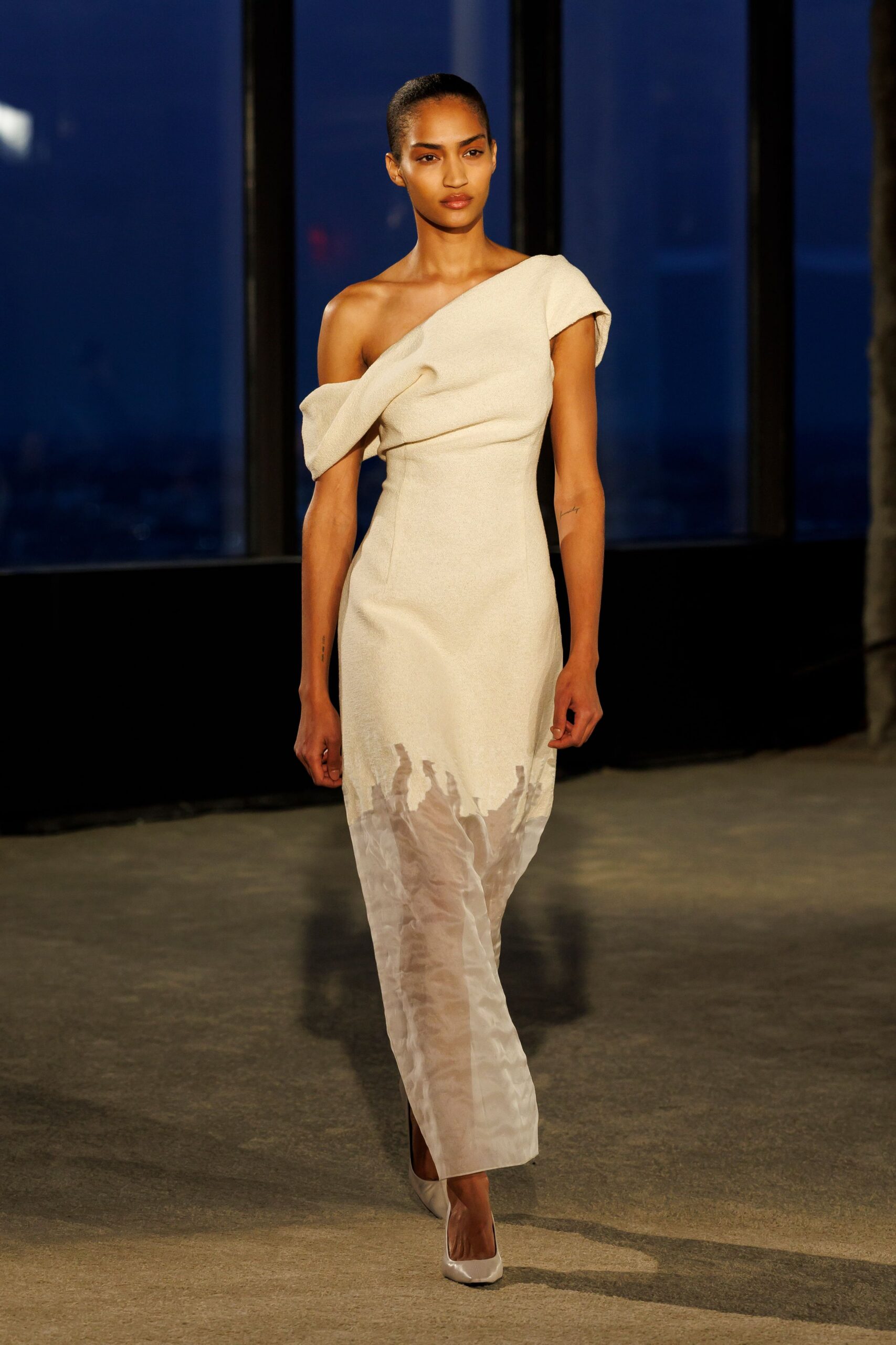 beige silk off-shoulder long-sleeve fitted draped tiered gown