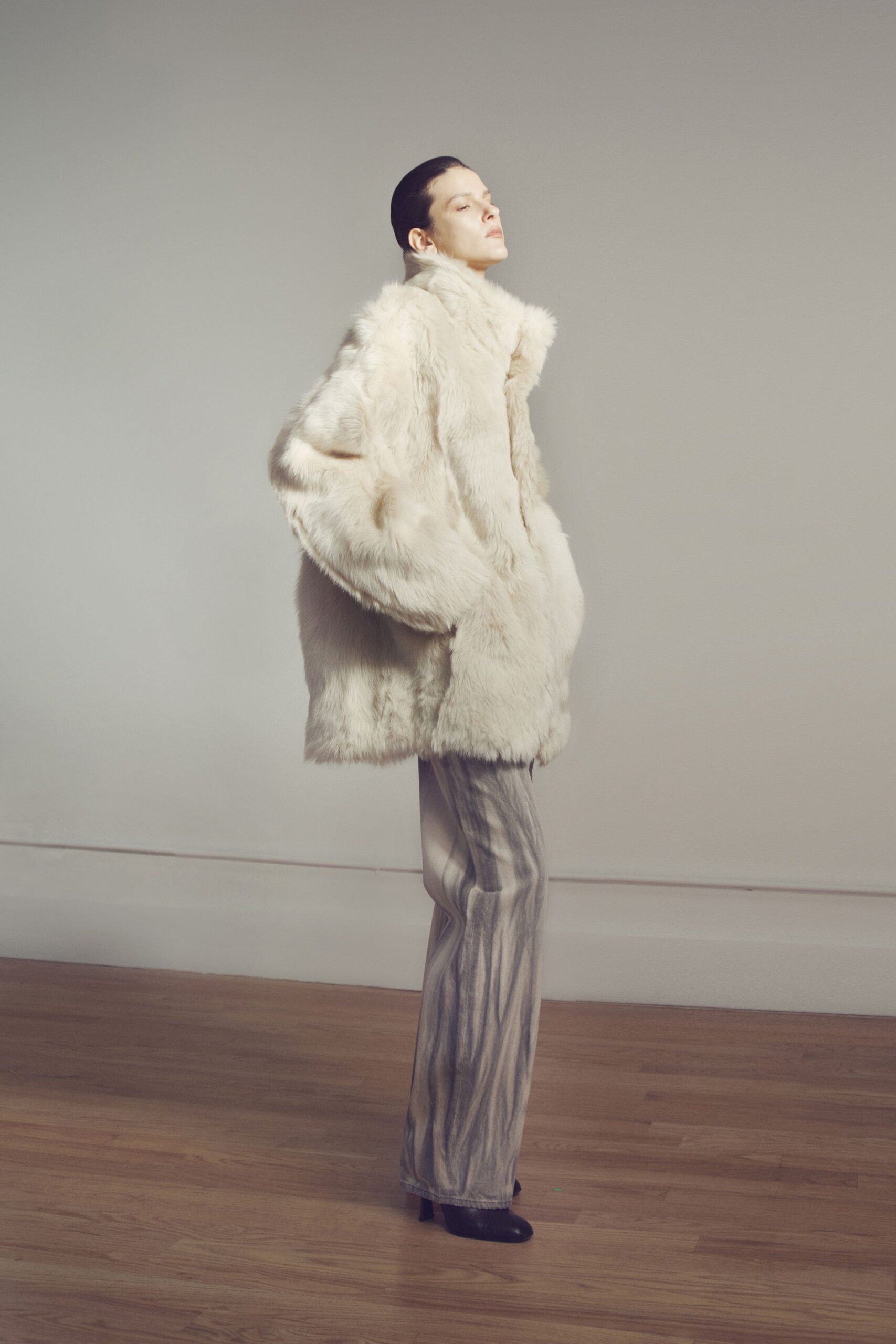 gray silk fitted straight-leg pants