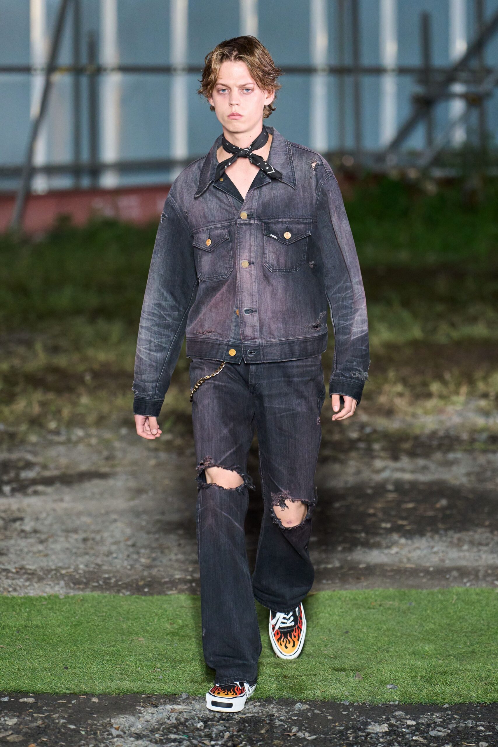 blue denim jacket with distressed pants