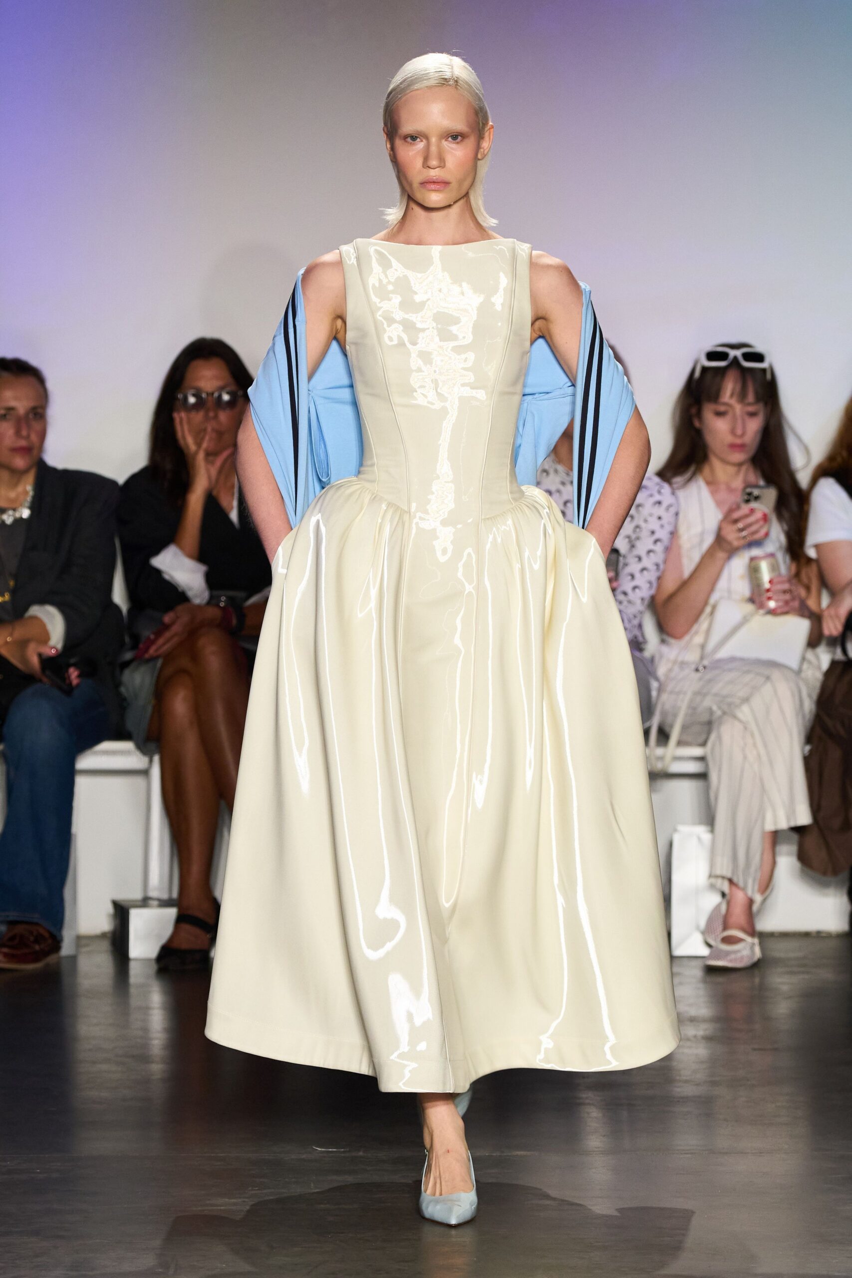 ivory vinyl midi dress with blue jacket