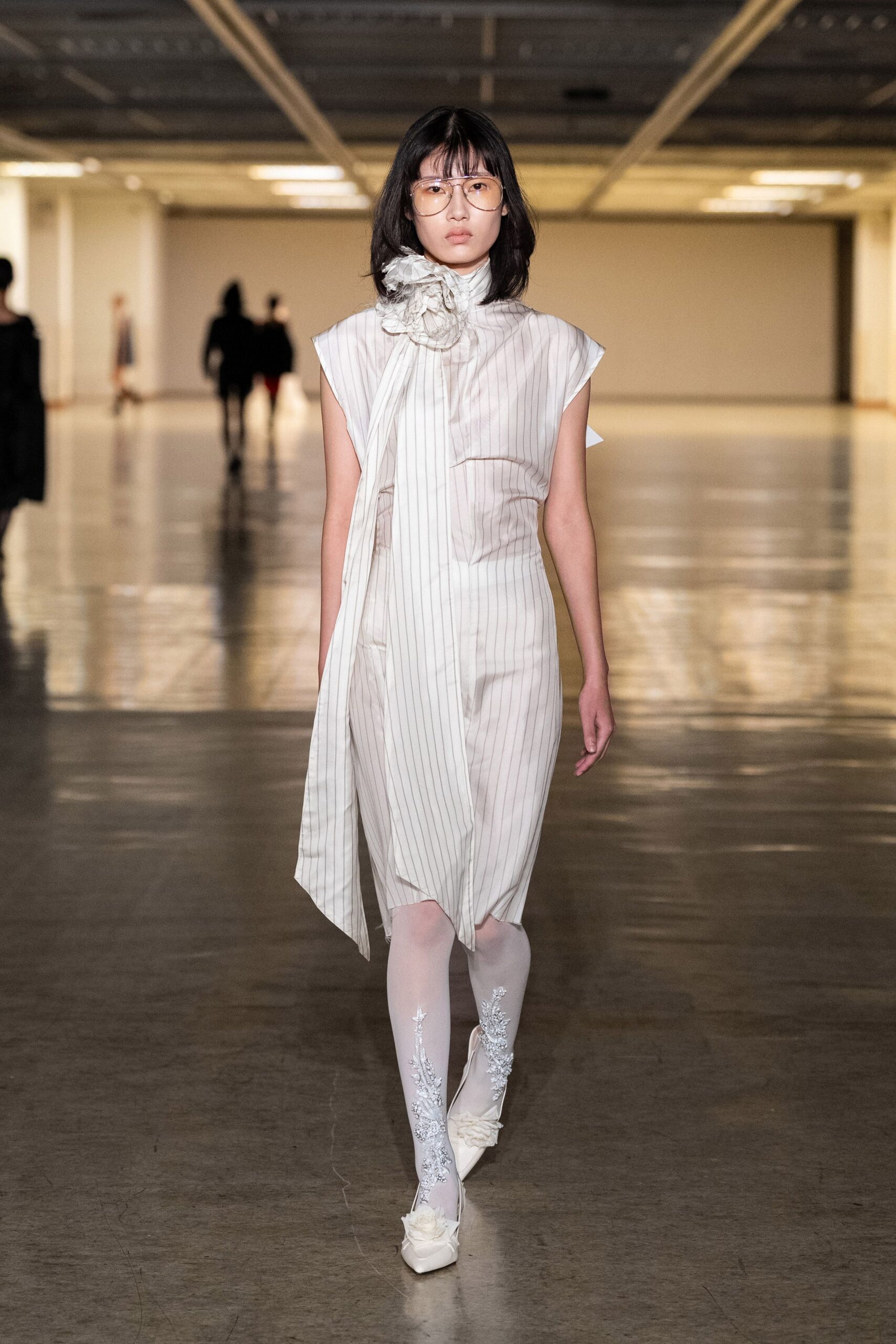 white cotton sleeveless collared fitted striped draped dress