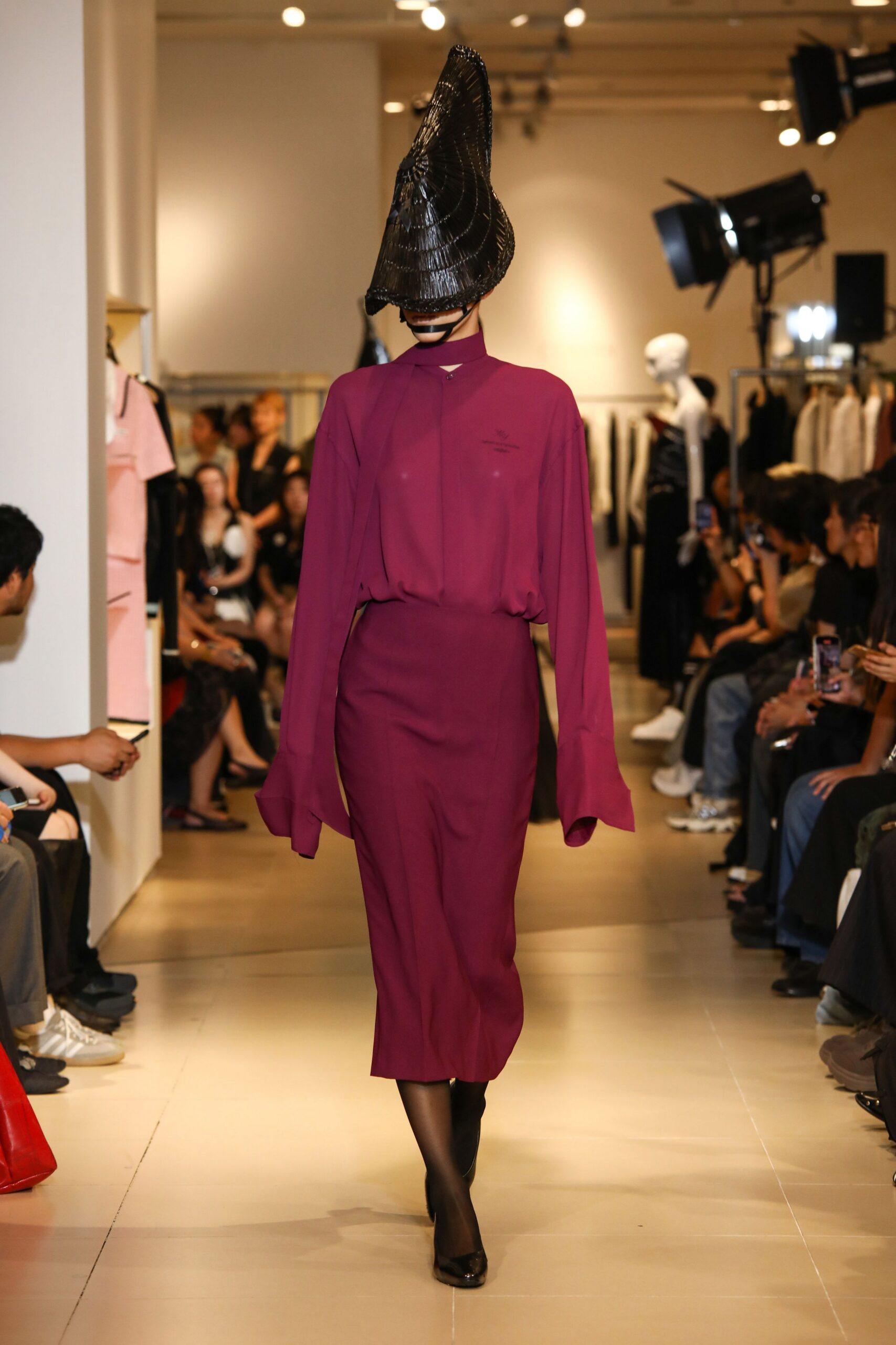 purple long-sleeve collared fitted straight-leg midi dress