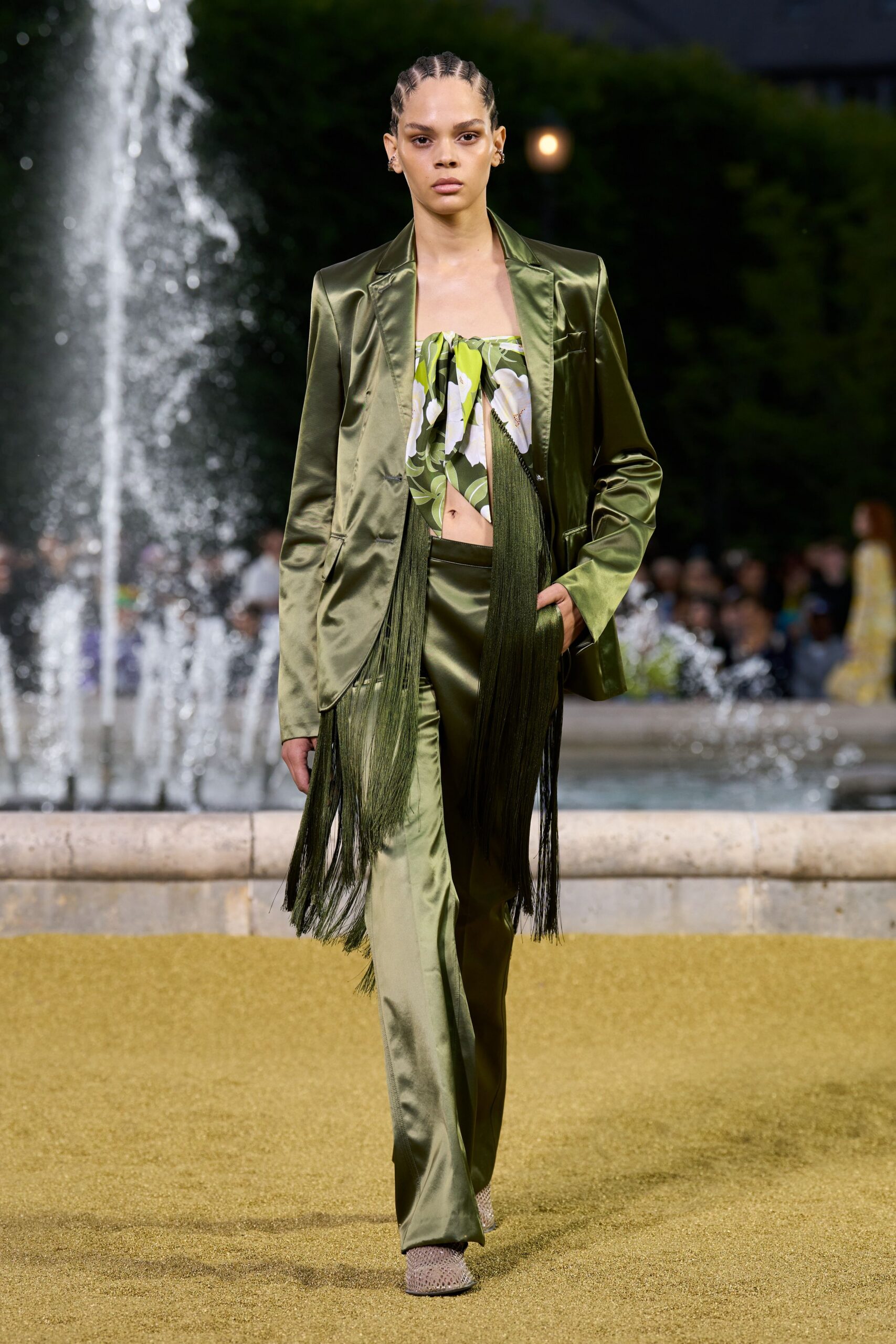 green satin long-sleeve collared tailored fringed blazer