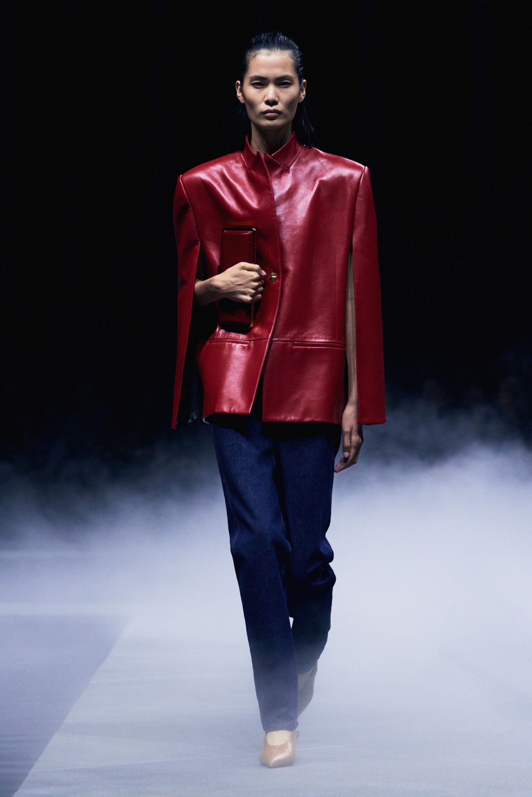 red leather long-sleeve collared structured jacket