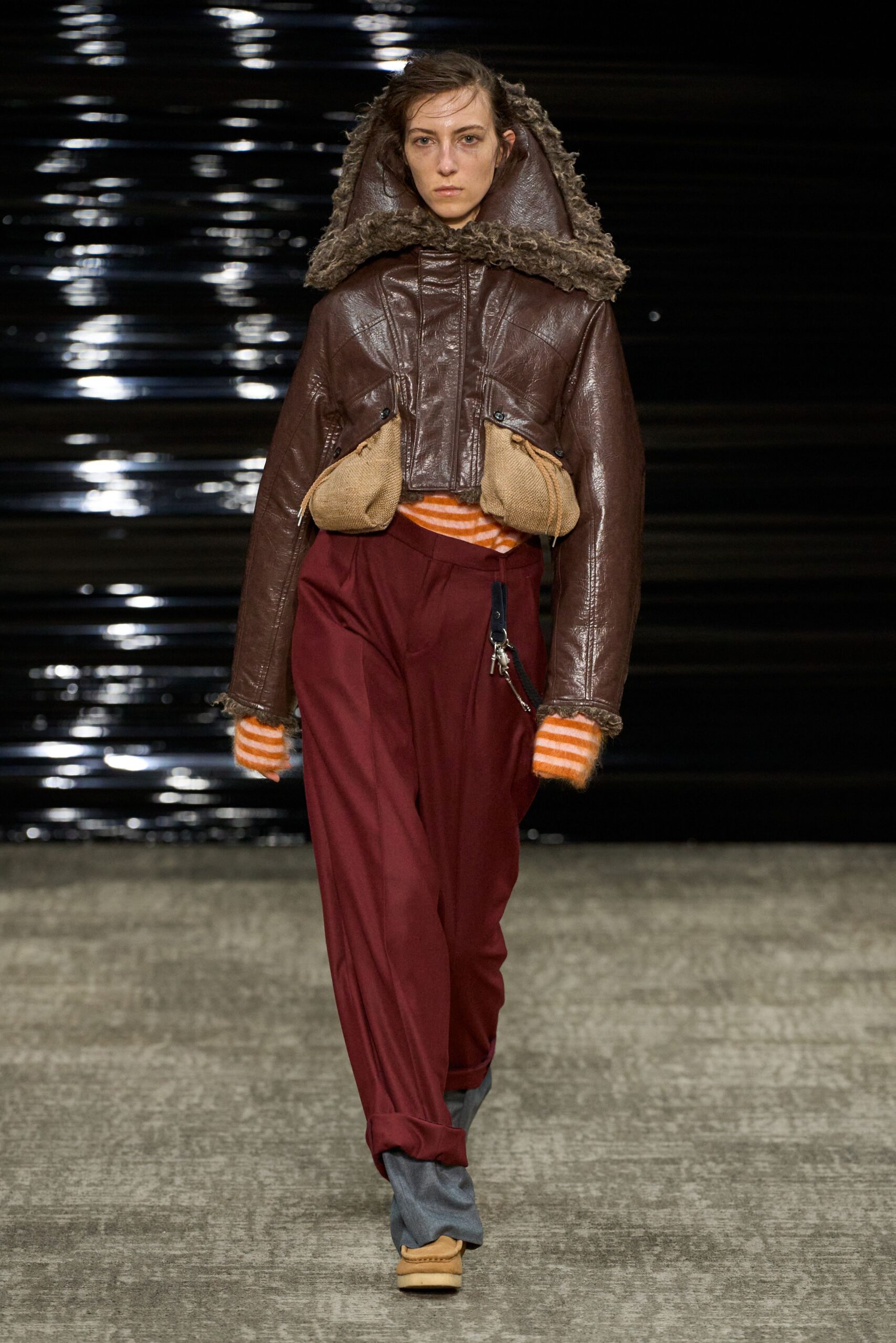 brown leather hooded jacket