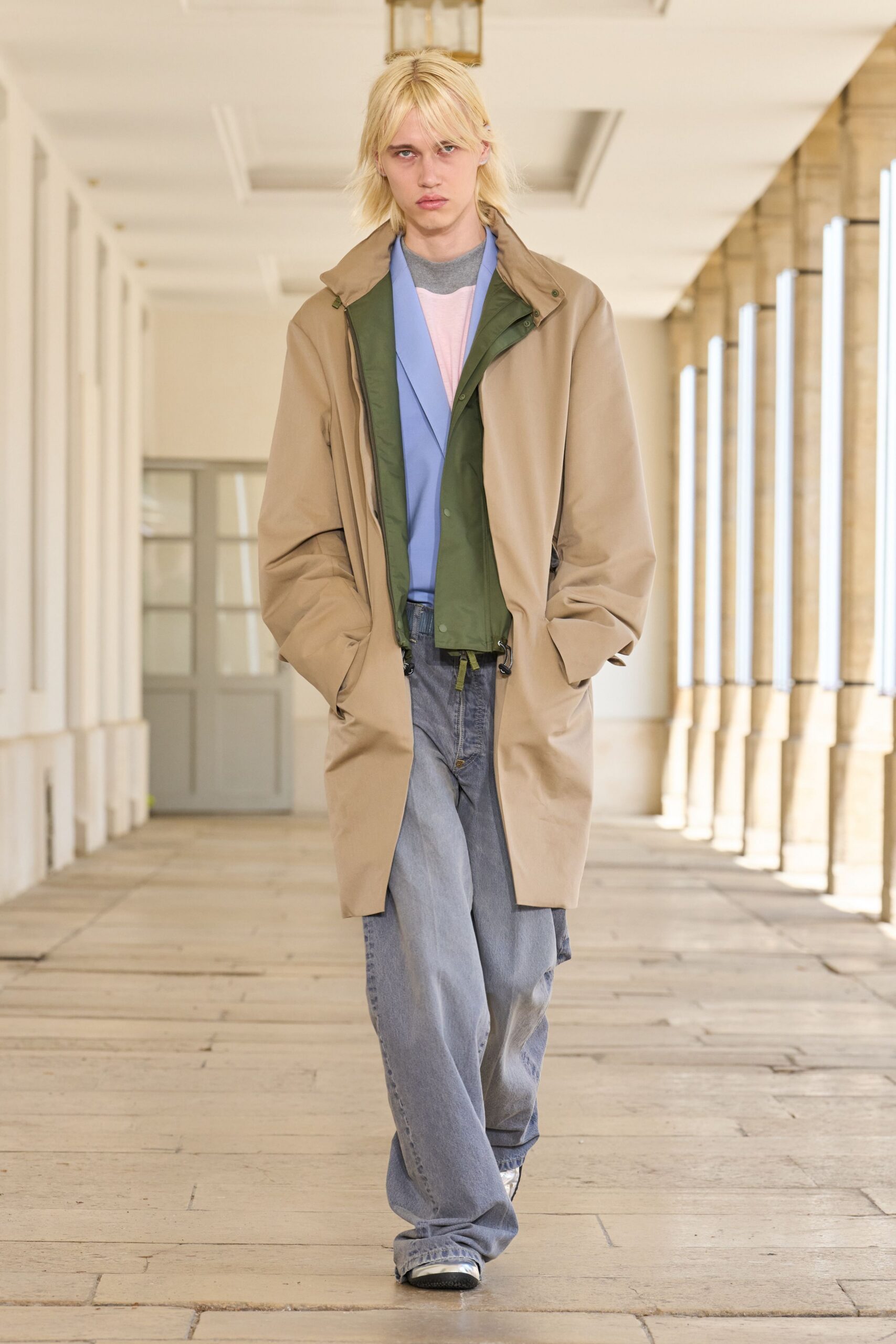 beige coat with blue shirt