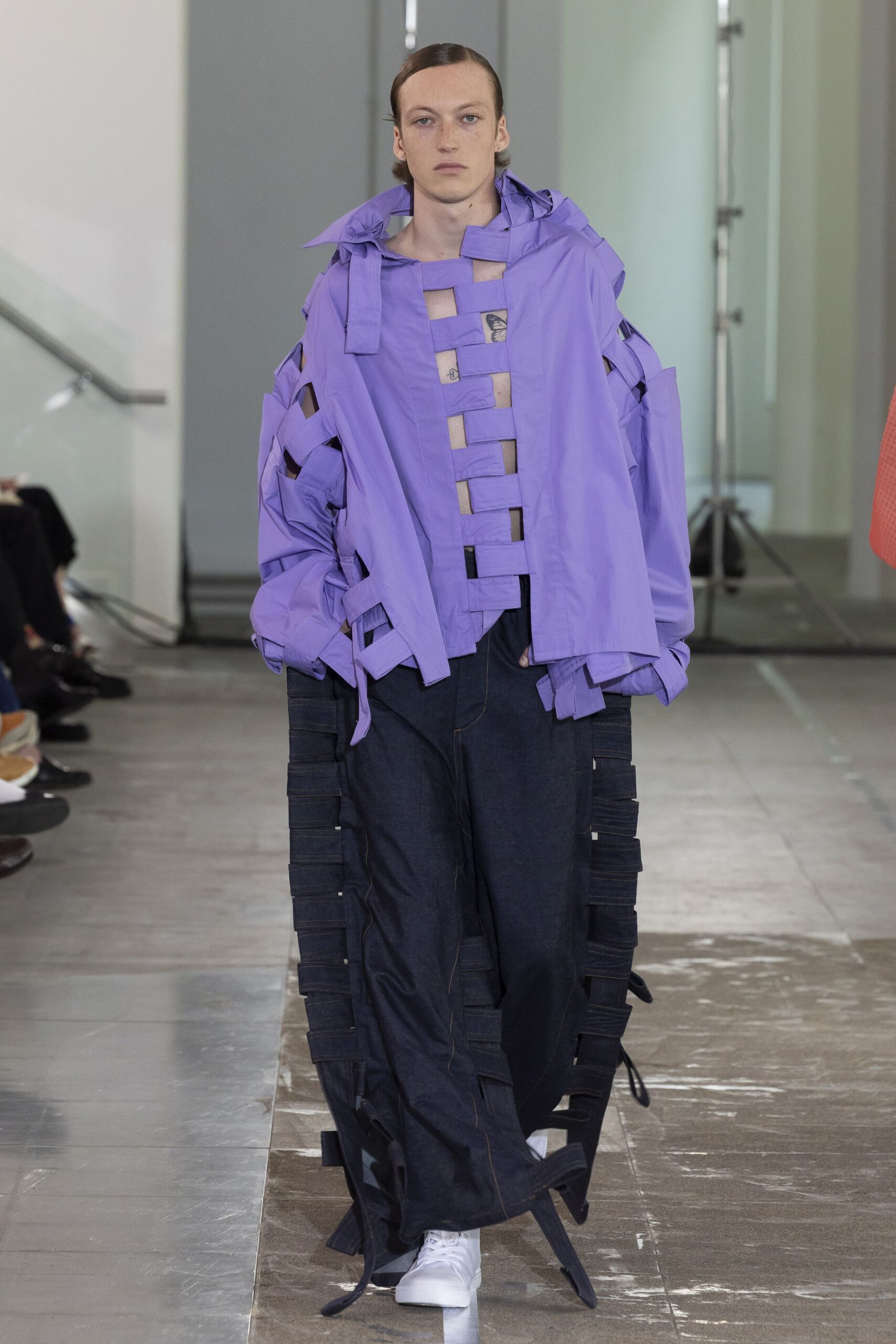 purple oversized jacket with denim pants