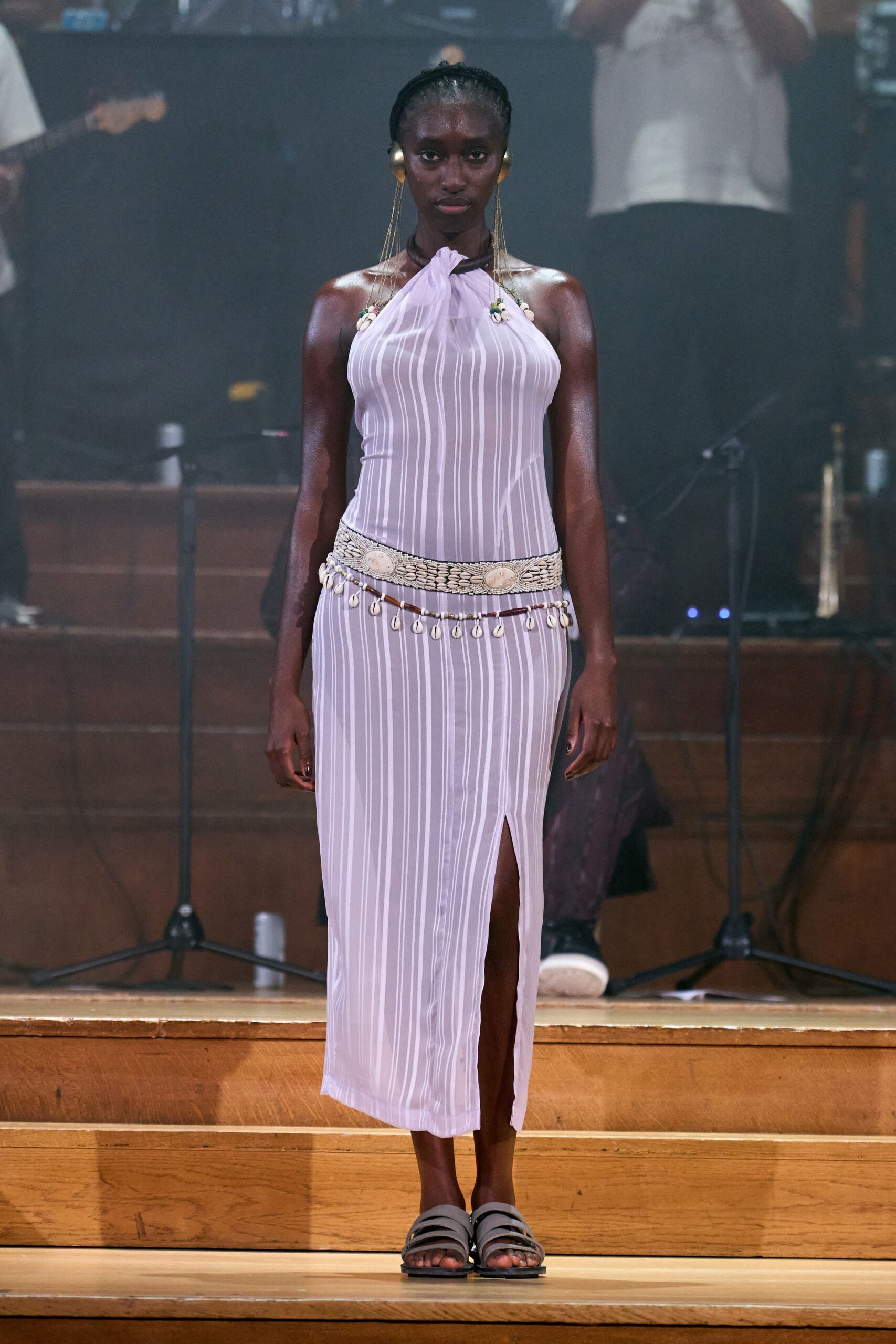 purple silk sleeveless high-neck fitted pleated sheer dress